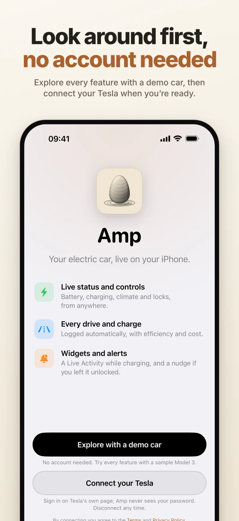 The welcome screen — explore with a demo car without an account, or connect your Tesla