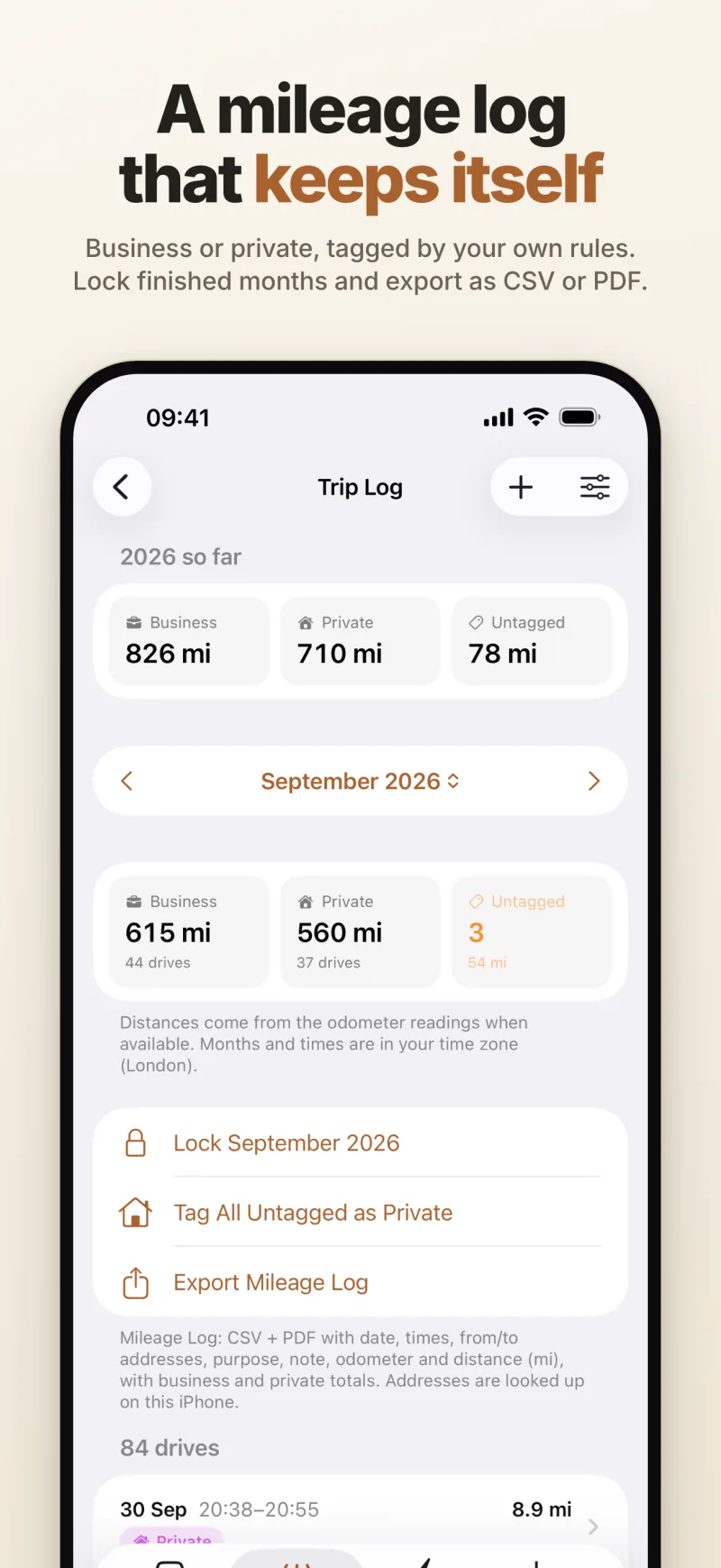 Trip log — business and private mileage for the year so far and per month, with month locking and CSV and PDF export
