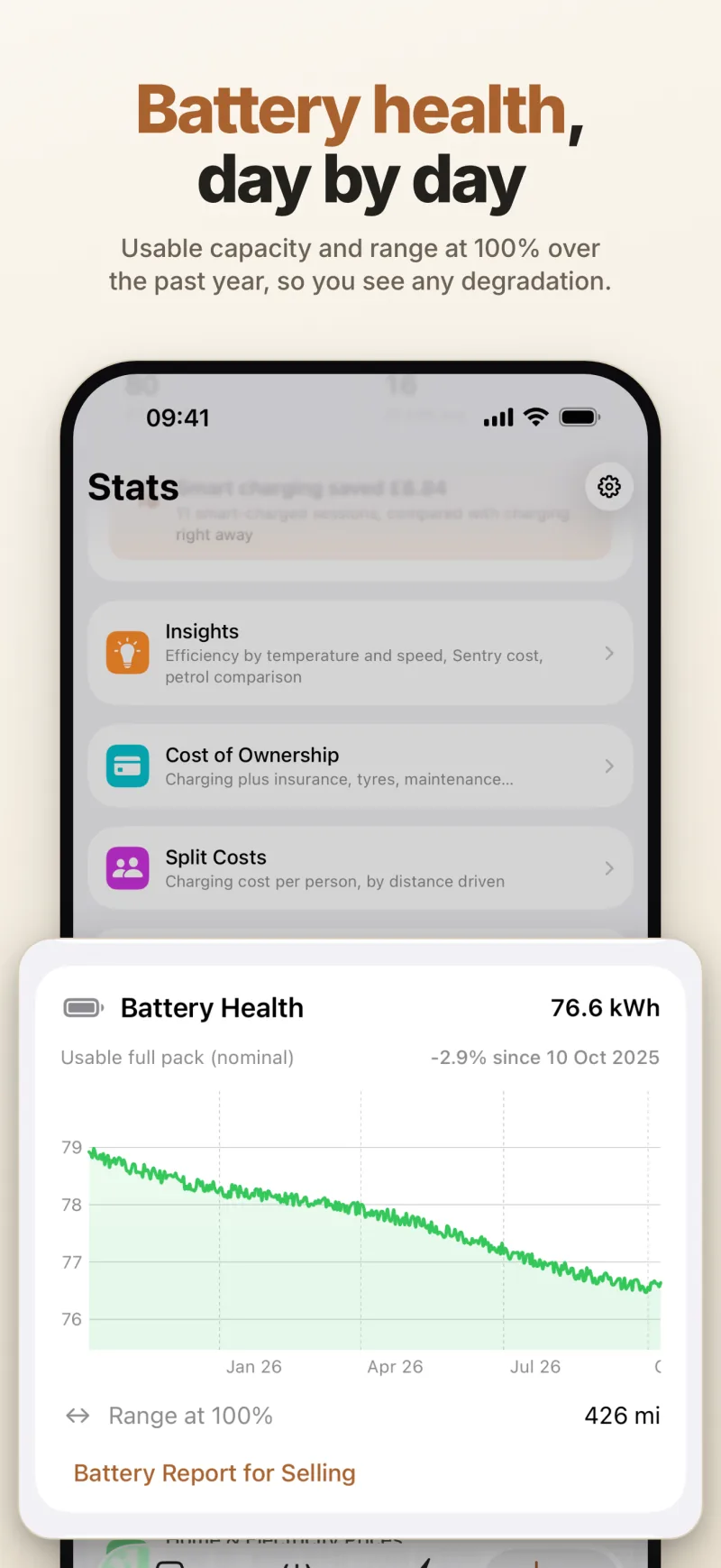 Battery health — usable capacity over the past year and range at 100%