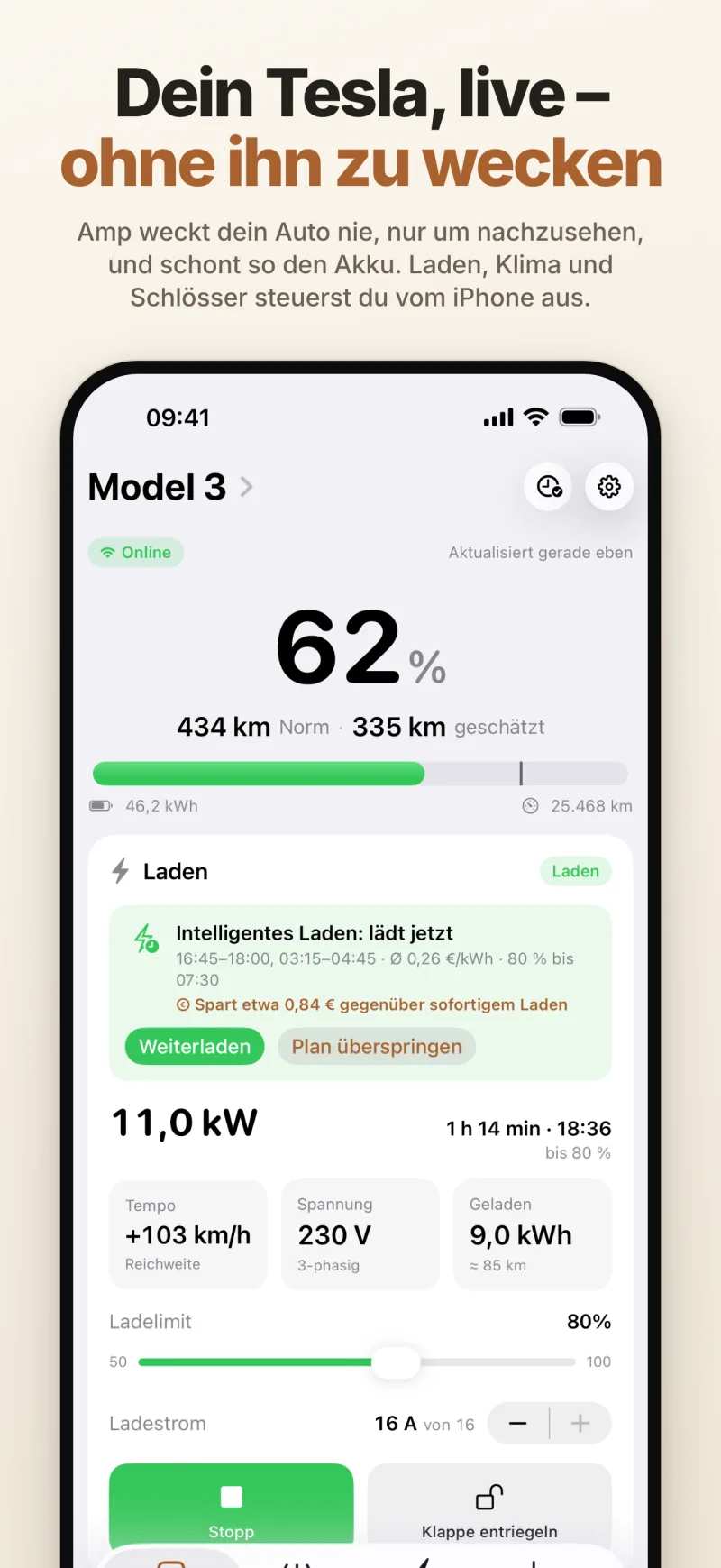 Live-Status des Autos – Akku, Reichweite und Laden, mit dem Plan fürs intelligente Laden und der erwarteten Ersparnis gegenüber sofortigem Laden