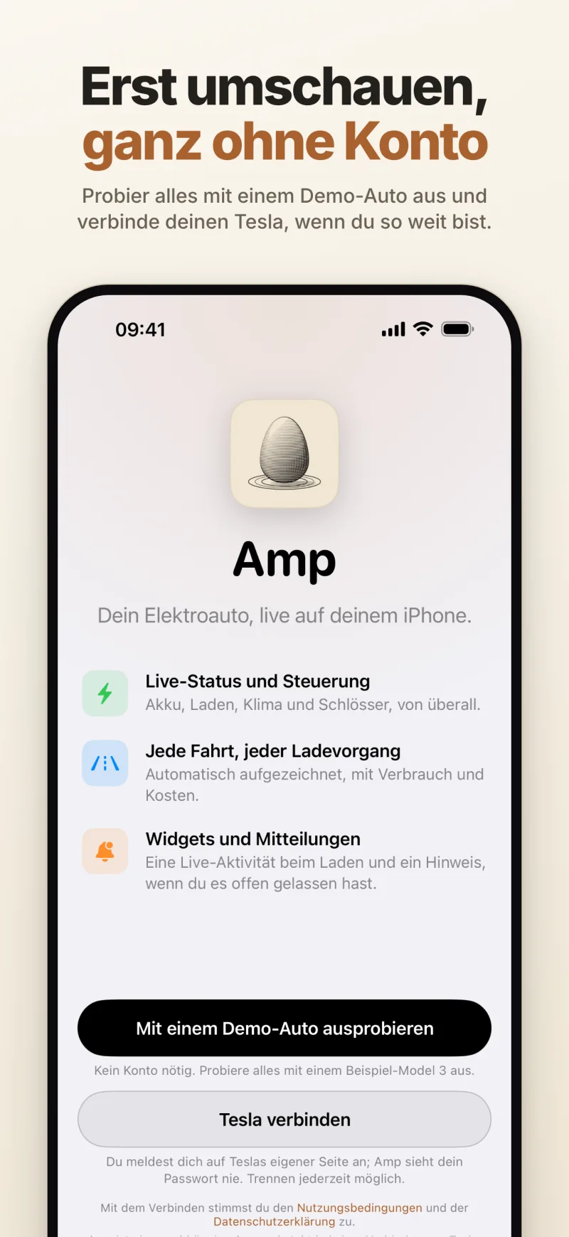 Der Startbildschirm – Amp mit einem Demo-Auto ohne Konto ausprobieren oder deinen Tesla verbinden