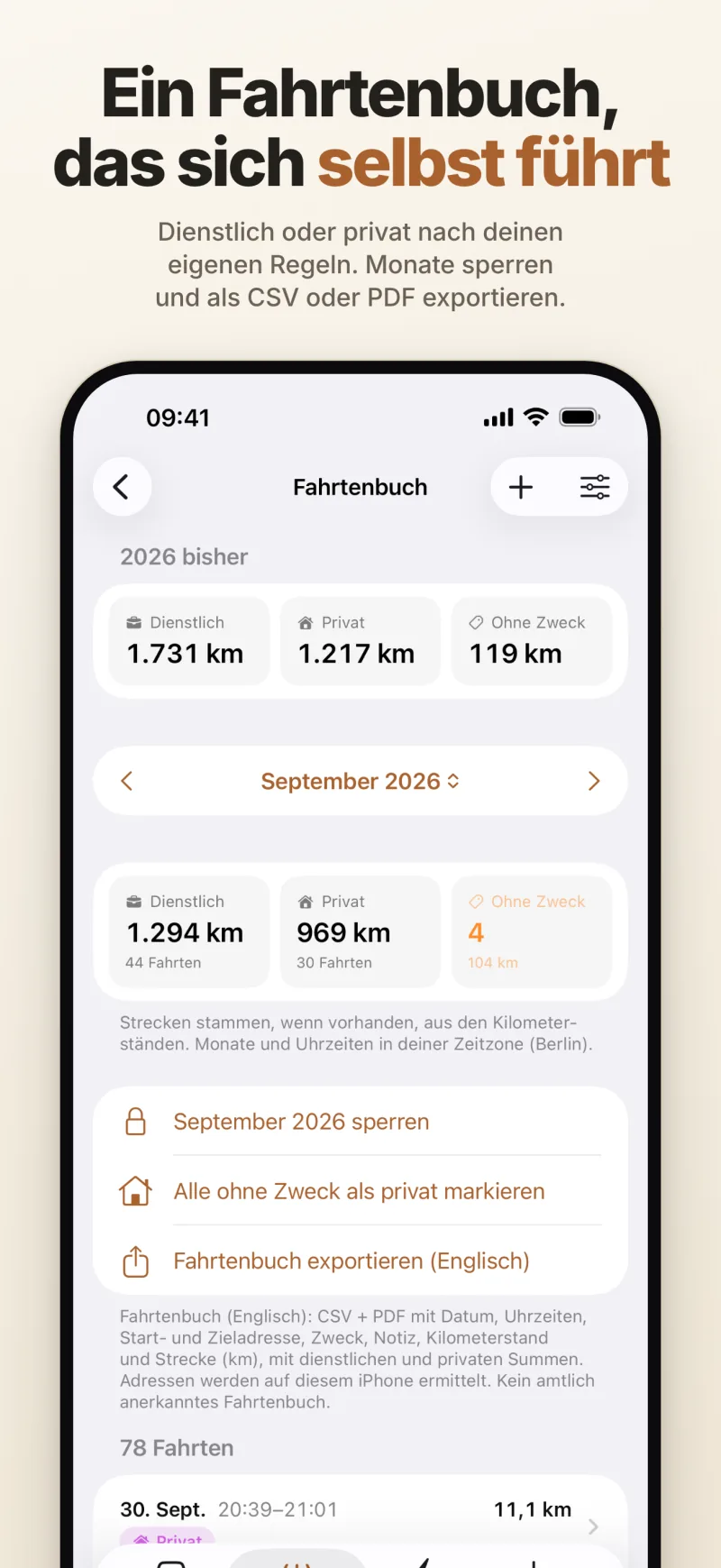 Fahrtenbuch – dienstliche und private Kilometer im laufenden Jahr und pro Monat, mit Sperren des Monats und Export als CSV und PDF