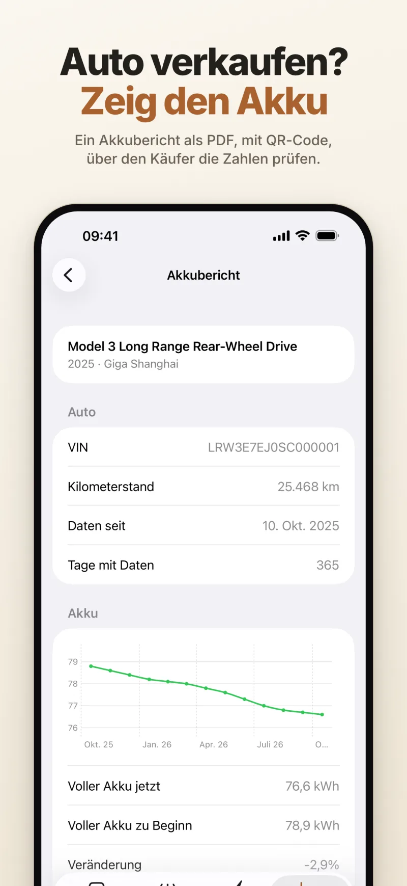 Ein Akkubericht für den Verkauf des Autos – Modell, FIN, Kilometerstand und Kapazität im Verlauf