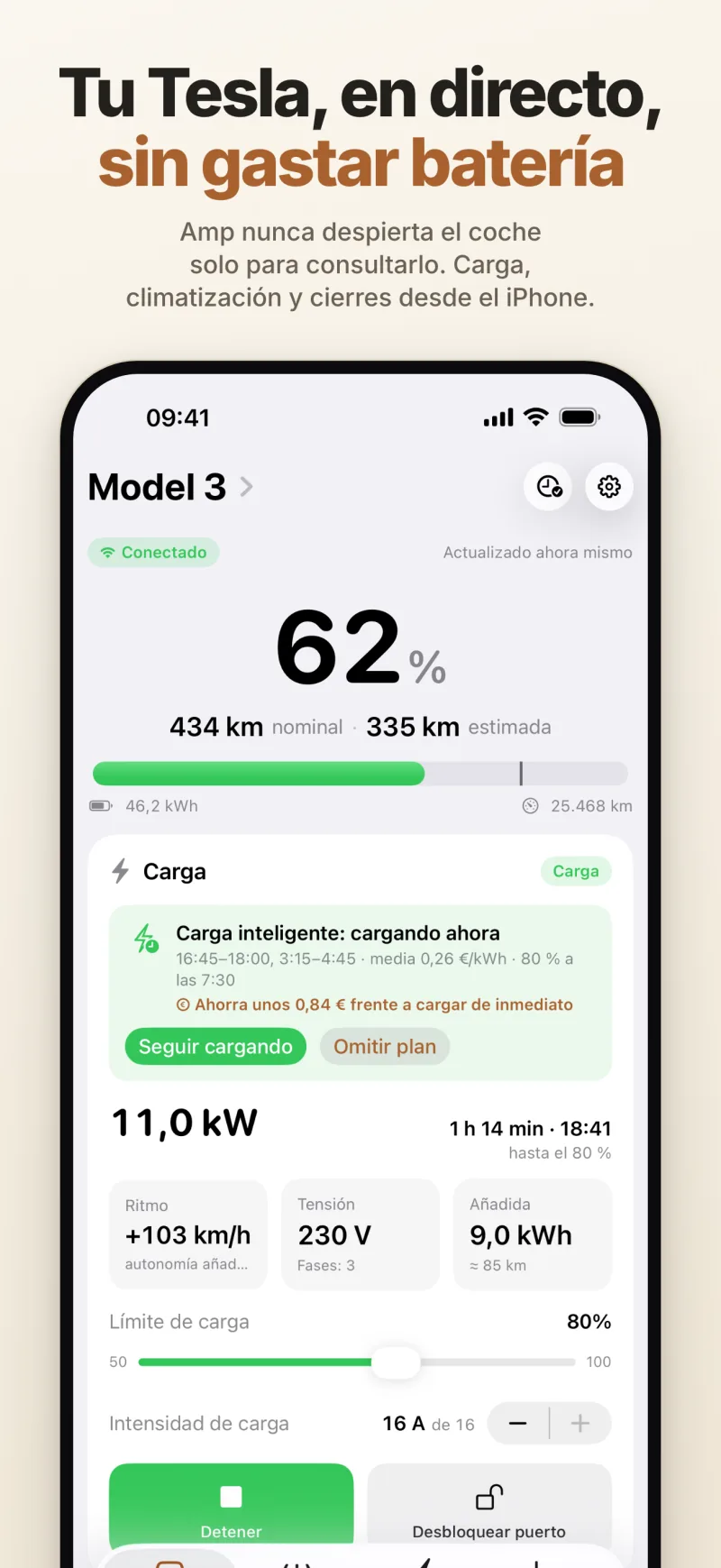 Estado del coche en directo: batería, autonomía y carga, con el plan de carga inteligente y el ahorro previsto frente a cargar de inmediato