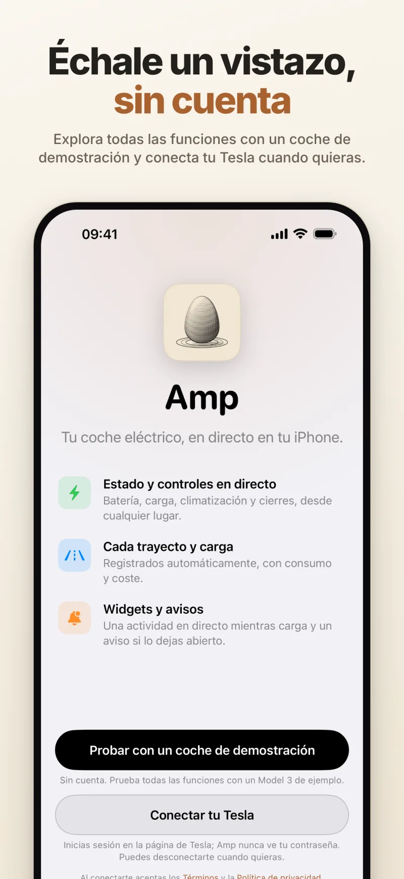 La pantalla de bienvenida: prueba Amp con un coche de demostración sin cuenta o conecta tu Tesla