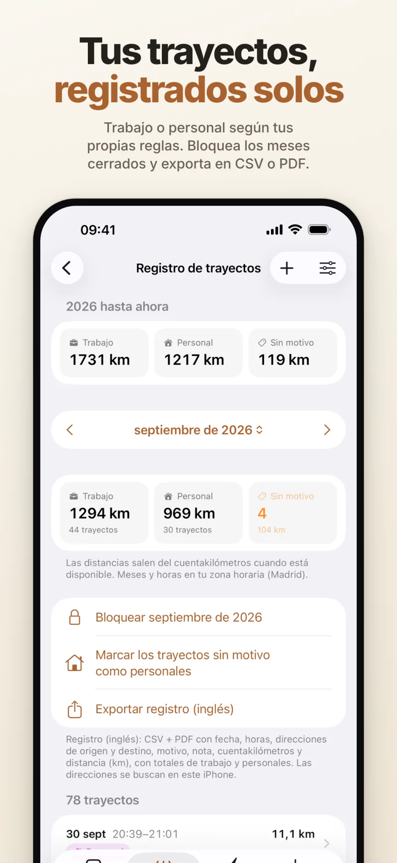 Registro de trayectos: kilómetros de trabajo y personales del año y del mes, con bloqueo del mes y exportación en CSV y PDF