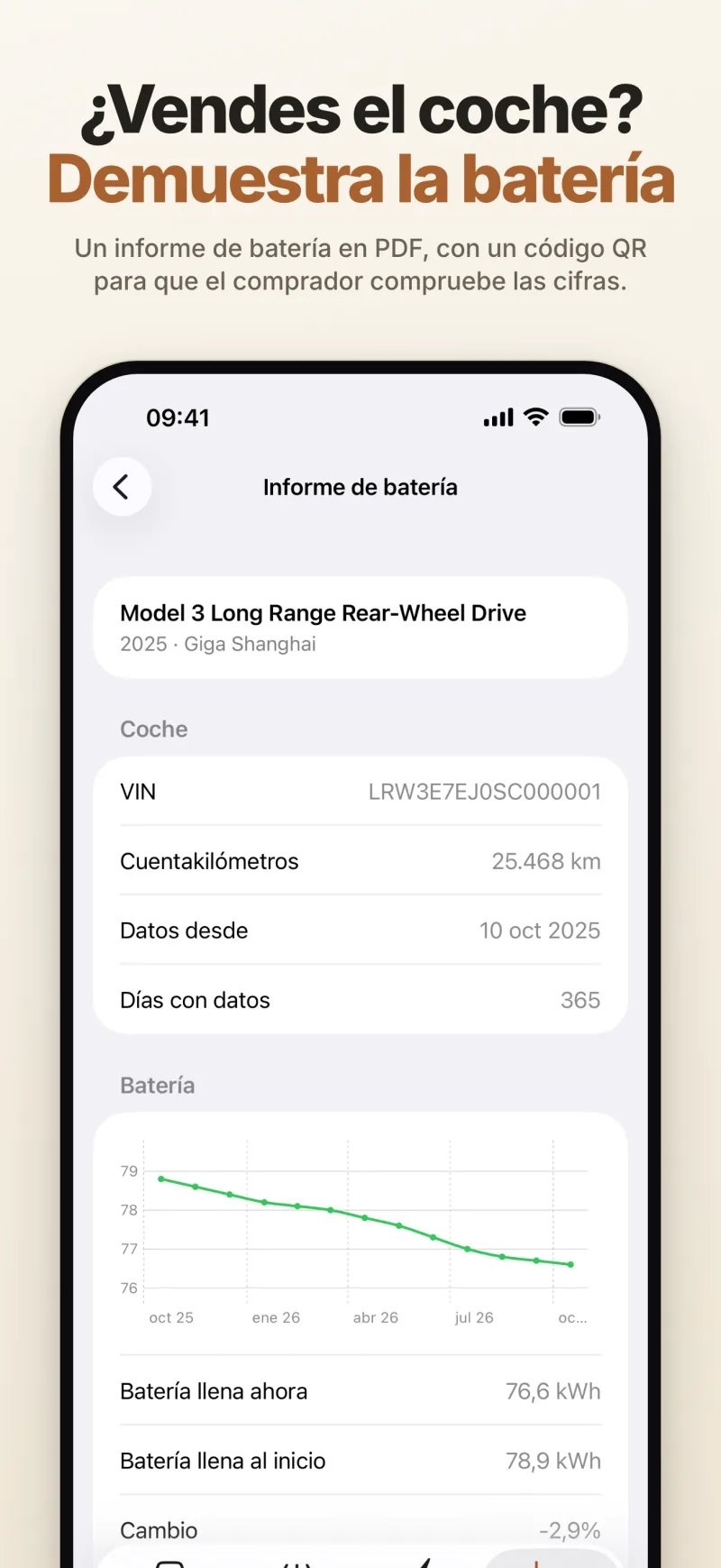 Un informe de batería para vender el coche: modelo, VIN, cuentakilómetros y capacidad a lo largo del tiempo