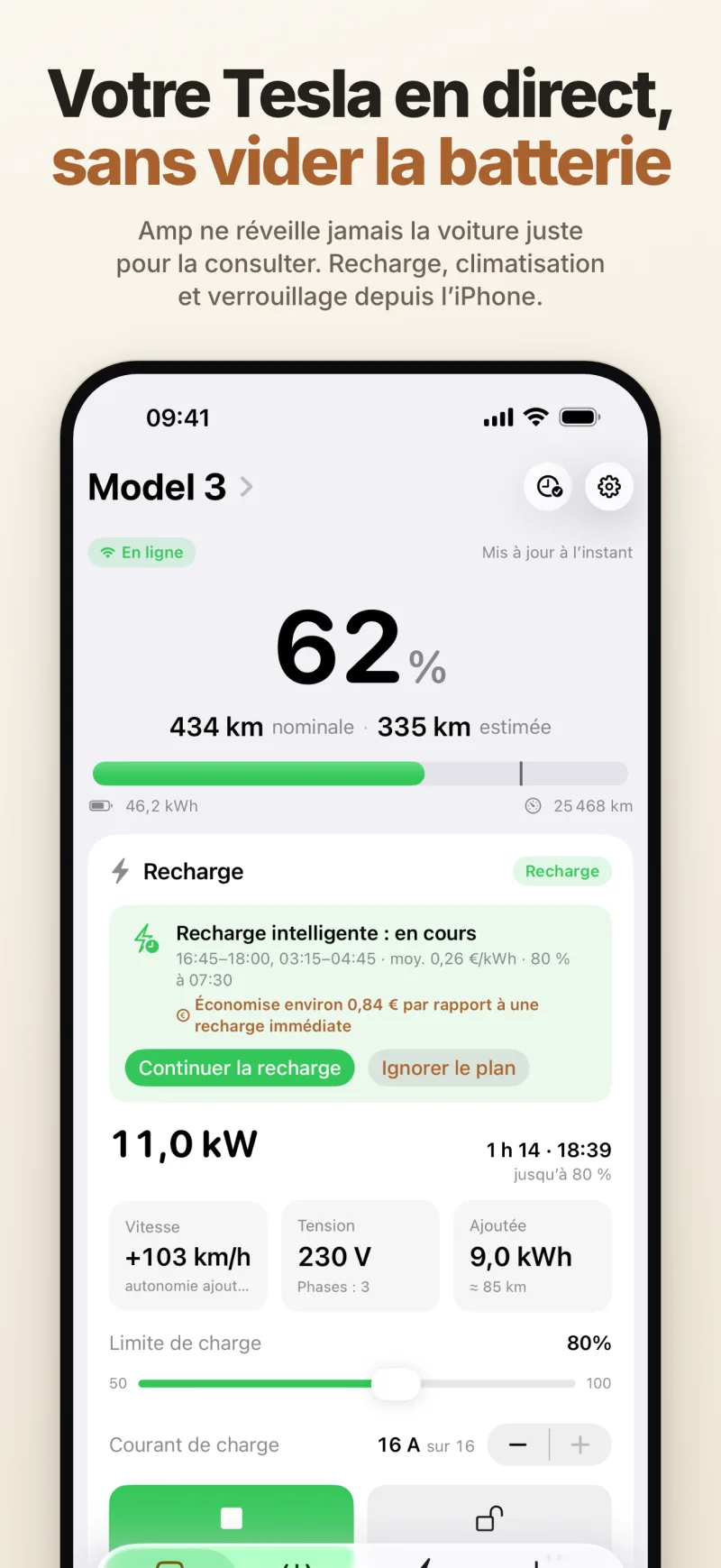 État de la voiture en direct — batterie, autonomie et recharge, avec le plan de recharge intelligente et l’économie prévue par rapport à une recharge immédiate