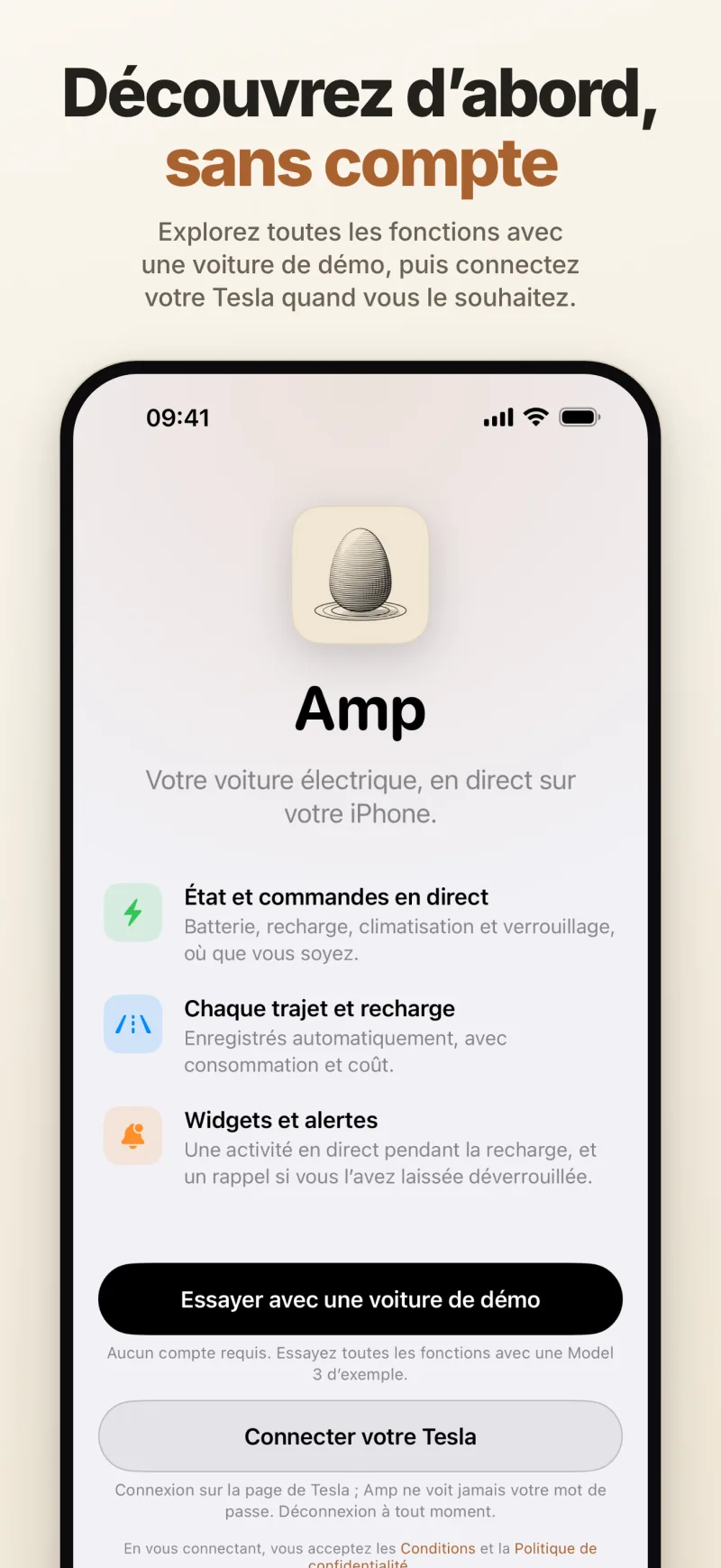 L’écran de bienvenue — essayez Amp avec une voiture de démo sans compte, ou connectez votre Tesla