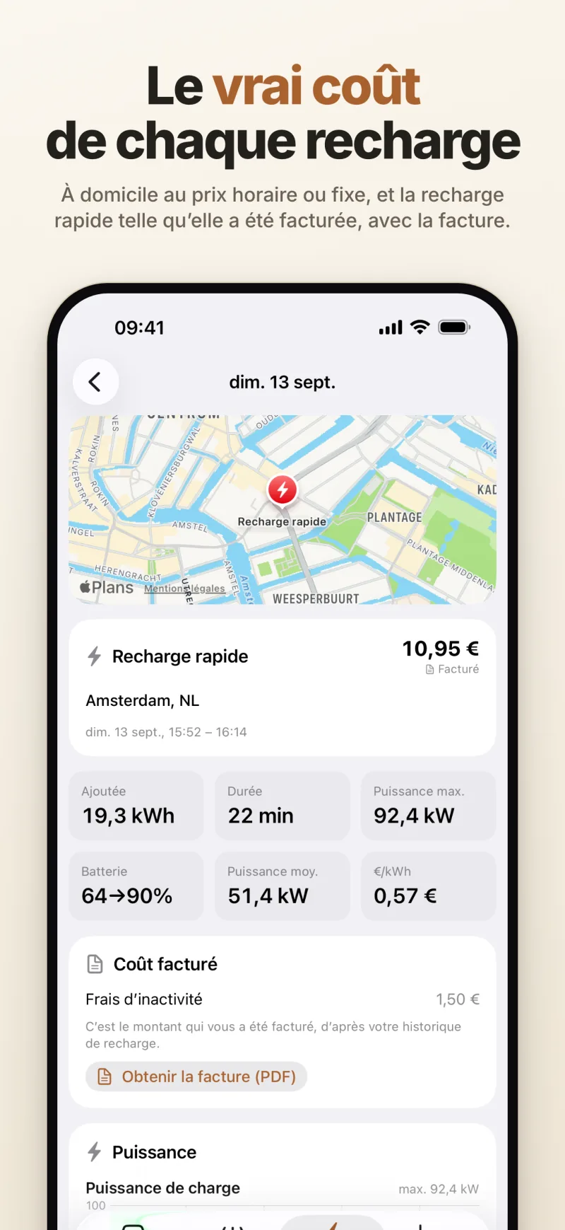 Une recharge rapide avec le coût tel que facturé, la facture en PDF et la courbe de puissance