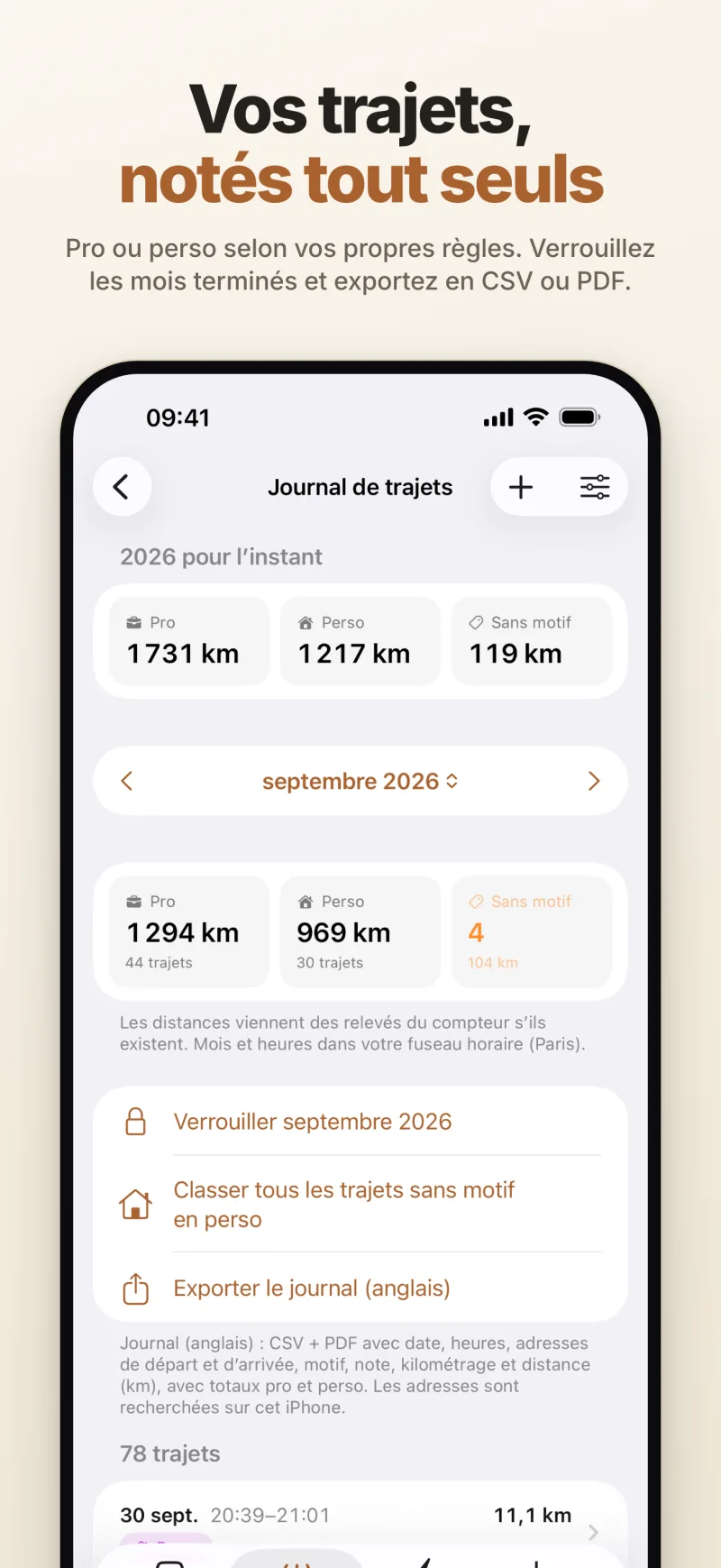 Journal de trajets — kilomètres pro et perso de l’année et du mois, avec verrouillage du mois et export CSV et PDF