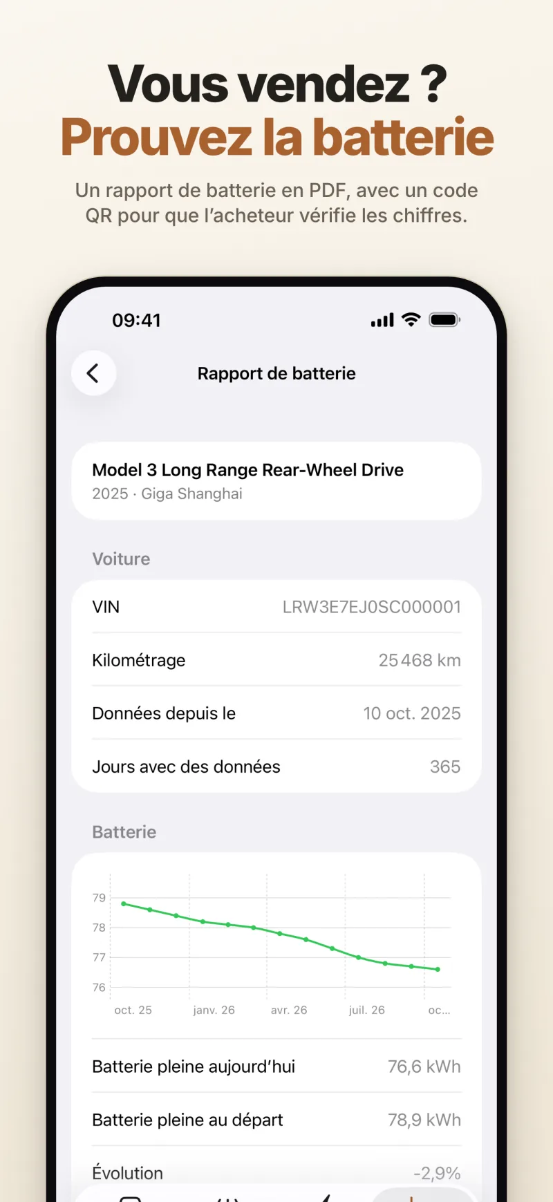 Un rapport de batterie pour la revente de la voiture — modèle, VIN, kilométrage et capacité au fil du temps