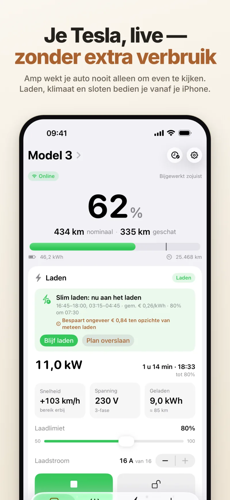Live status van de auto – accu, bereik en laden, met het plan voor slim laden en wat het naar verwachting bespaart ten opzichte van meteen laden