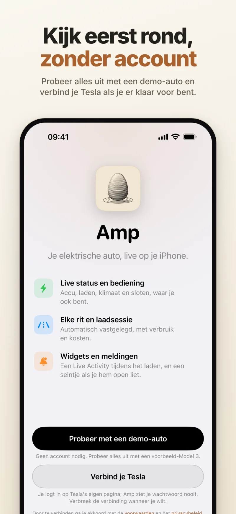 Het welkomstscherm – probeer Amp met een demo-auto zonder account, of verbind je Tesla