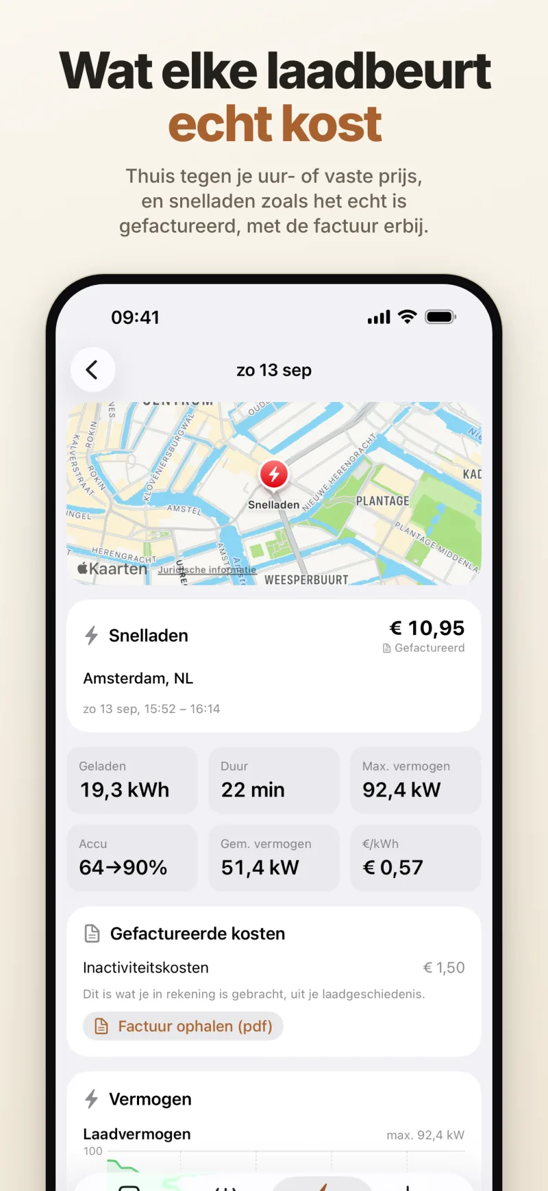 Een snellaadsessie met de gefactureerde kosten, de factuur als PDF en de laadcurve