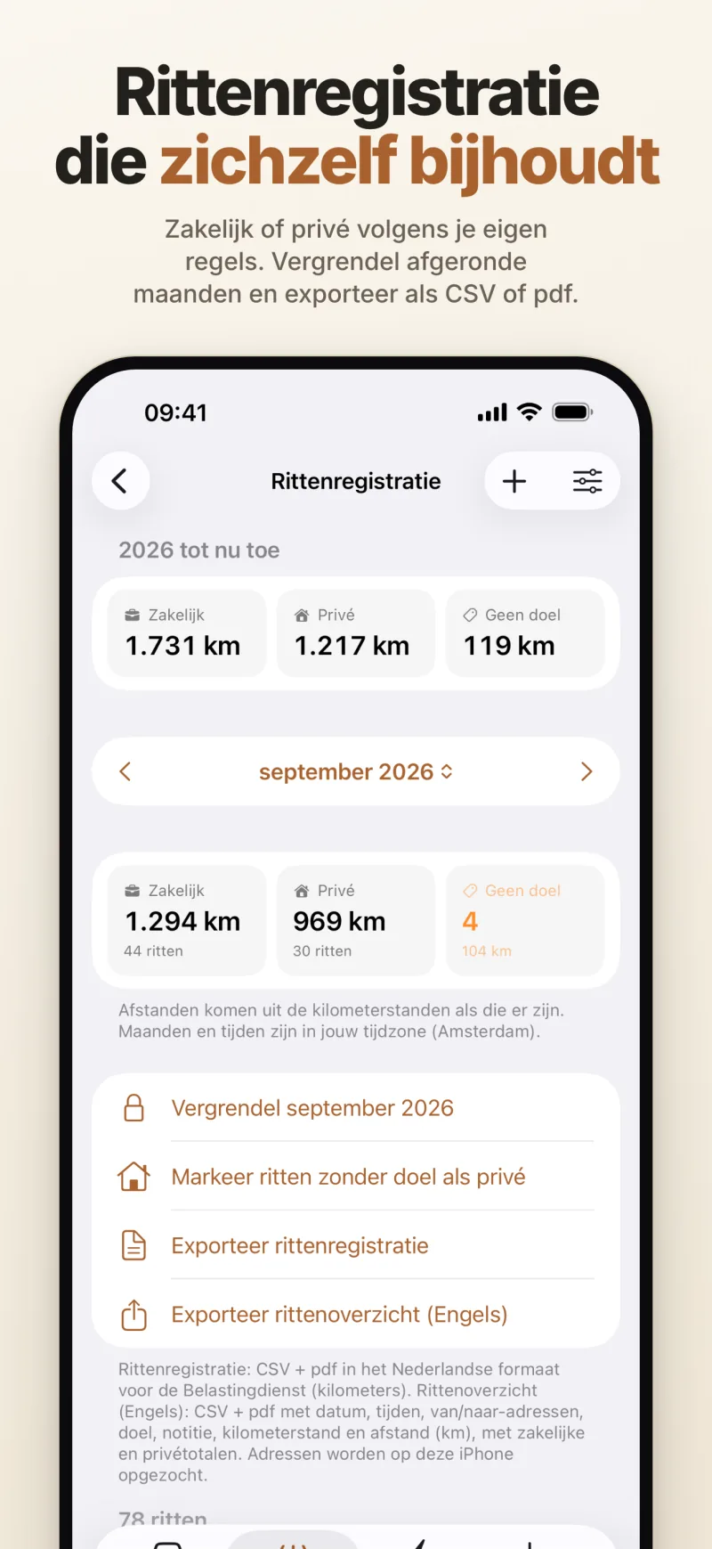 Rittenregistratie – zakelijke en privékilometers dit jaar en per maand, met maanden vergrendelen en export als CSV en PDF