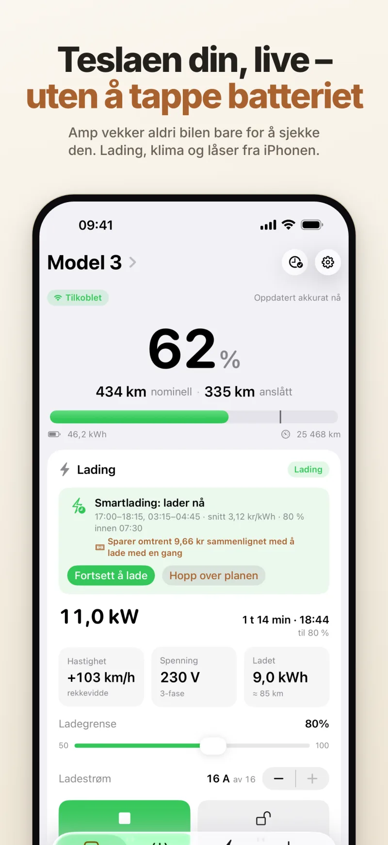 Bilens status live – batteri, rekkevidde og lading, med smartladingsplanen og hva den ventes å spare sammenlignet med å lade med en gang