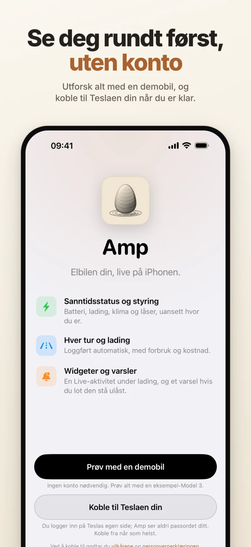 Velkomstskjermen – prøv Amp med en demobil uten konto, eller koble til Teslaen din