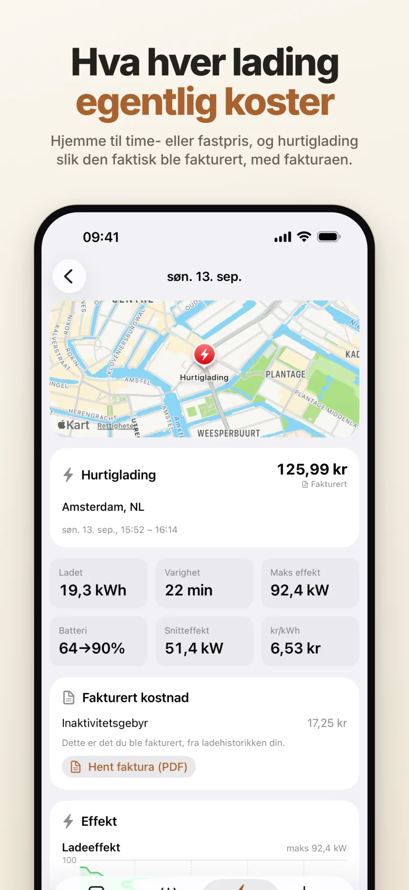 En hurtiglading med kostnaden slik den ble fakturert, fakturaen som PDF og ladekurven