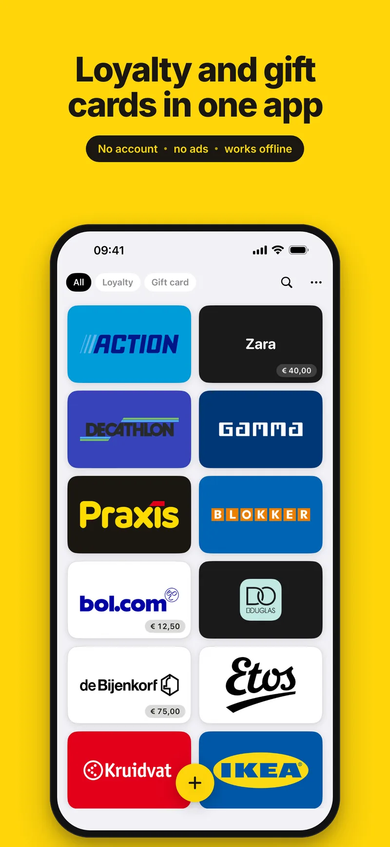 Loyalty and gift cards in one app — no account, no ads, works offline