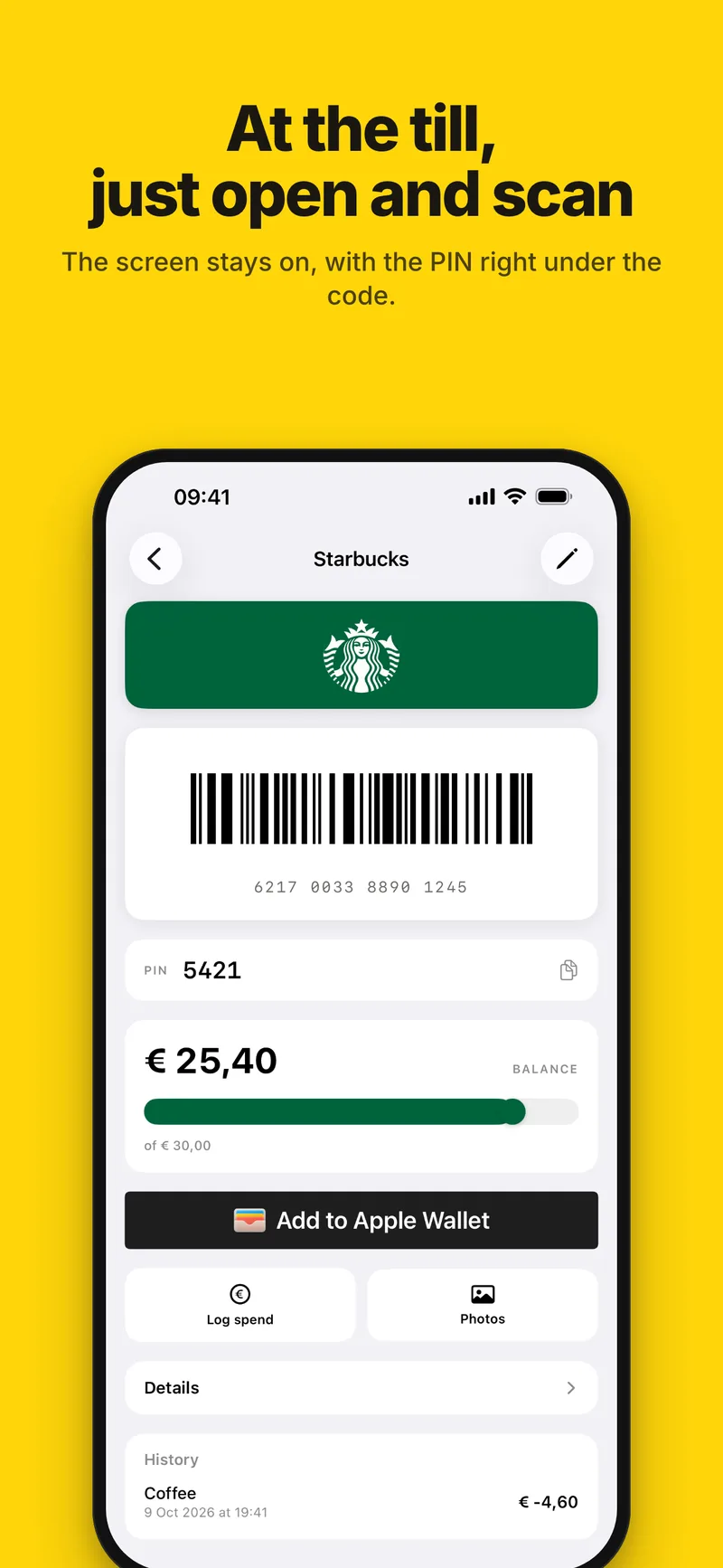 At the till, just open and scan — with the PIN right under the code