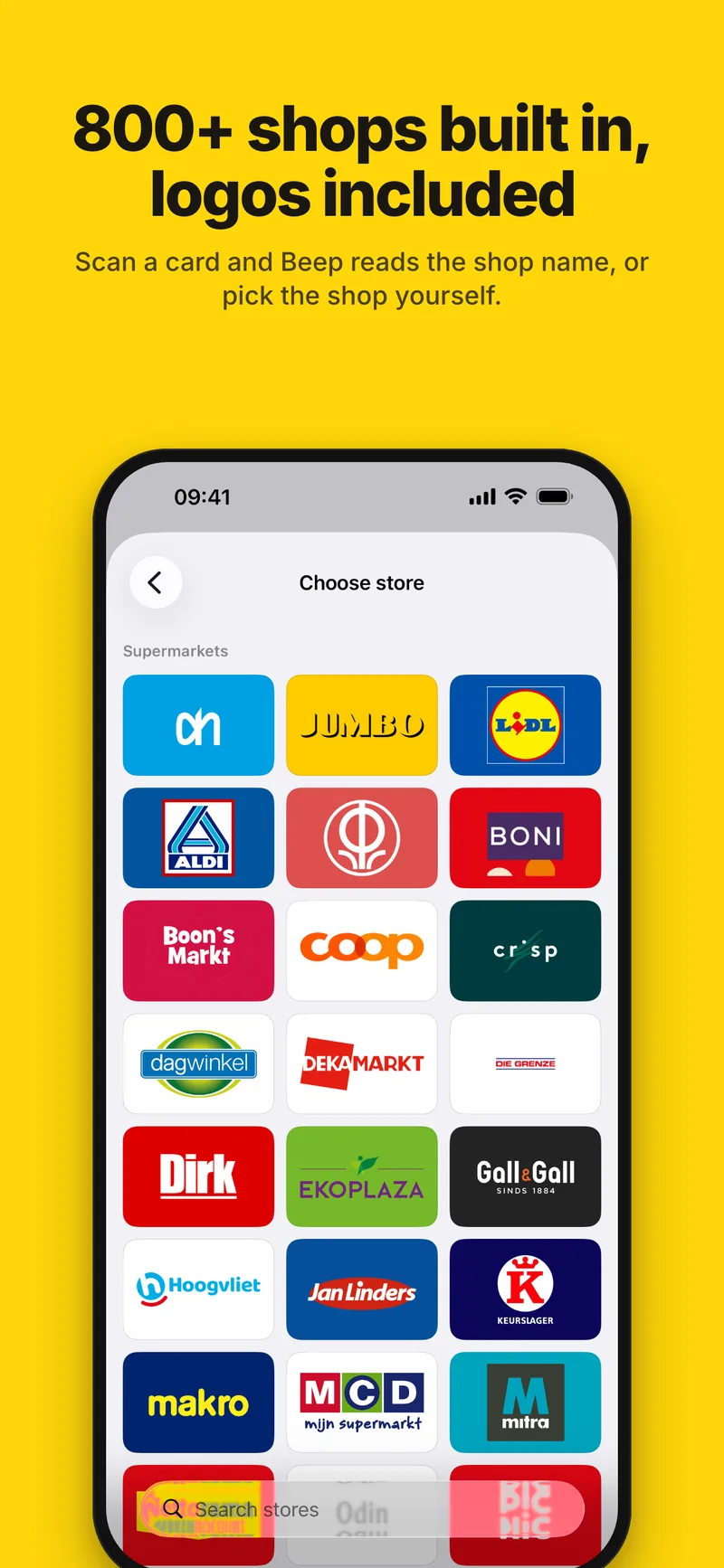 800+ stores built in, logos included