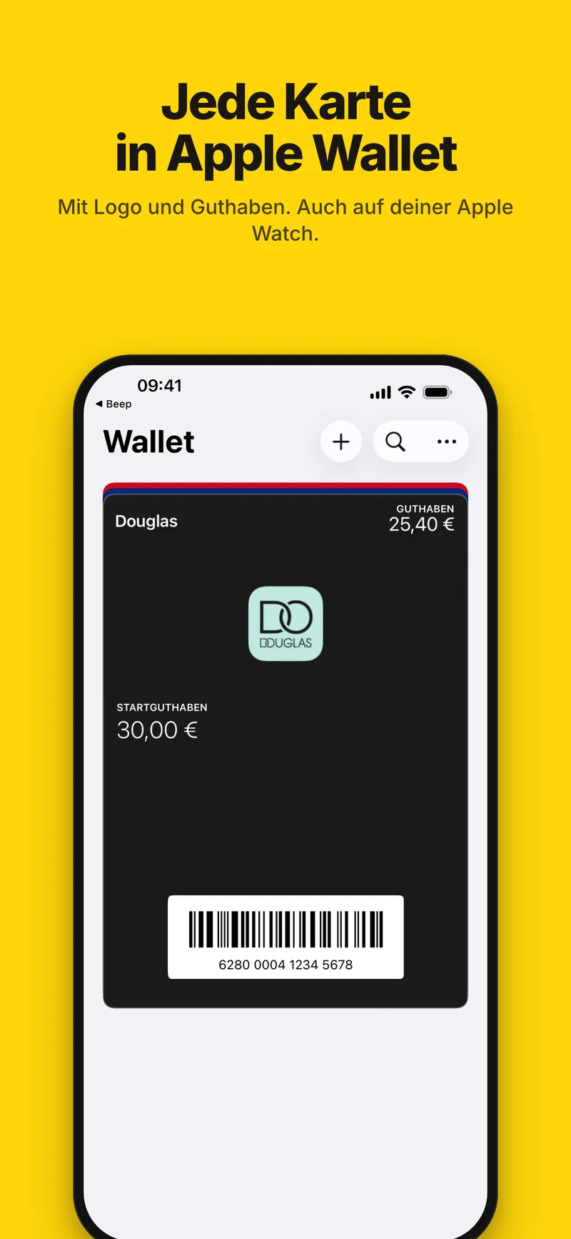 Jede Karte in Apple Wallet, mit Logo und Guthaben