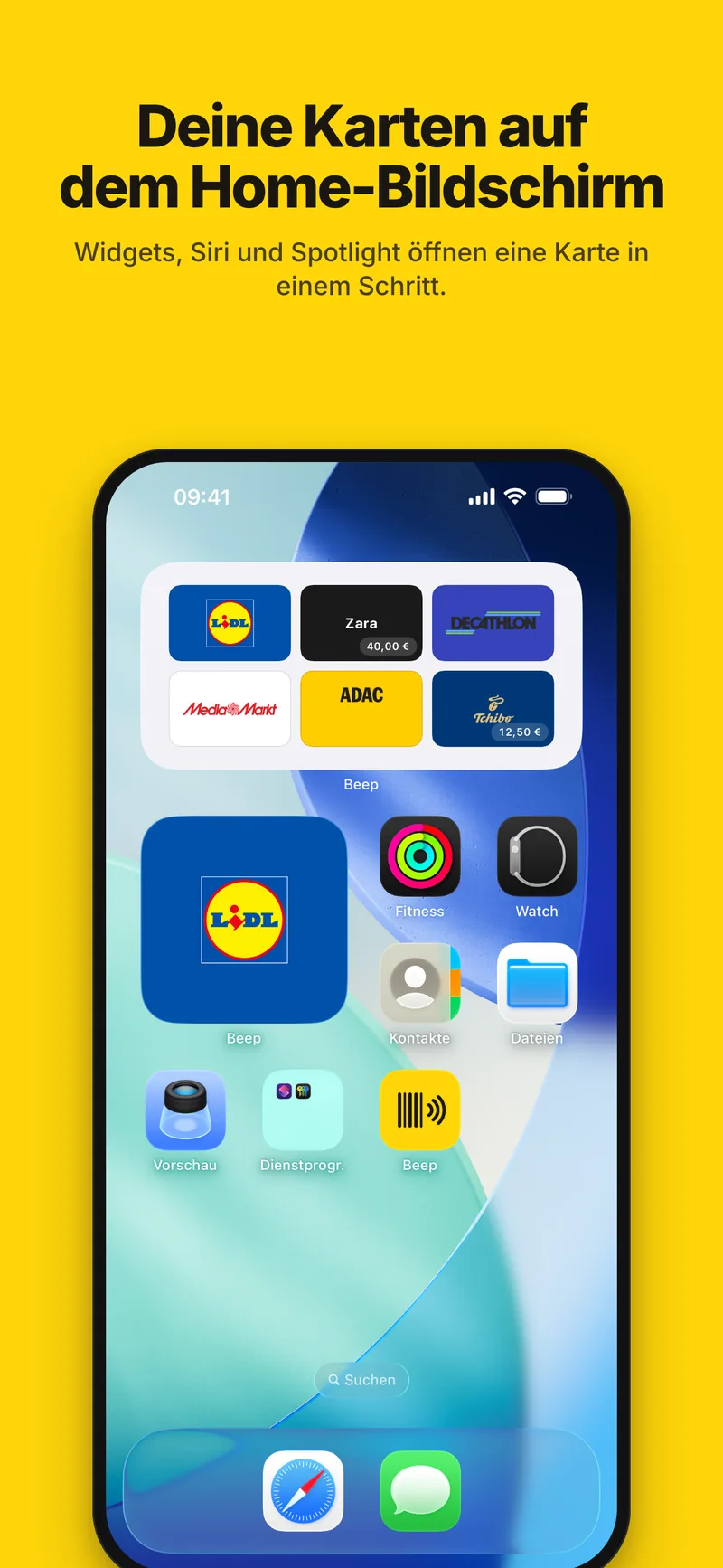 Deine Karten auf dem Home-Bildschirm, mit Widgets