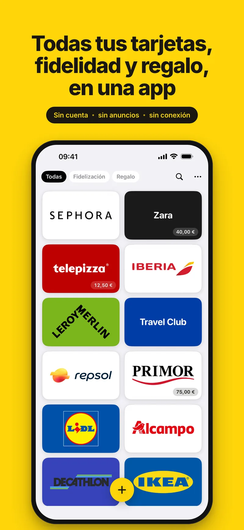 Tus tarjetas de fidelización y regalo en una sola app. Sin cuenta, sin anuncios, funciona sin conexión