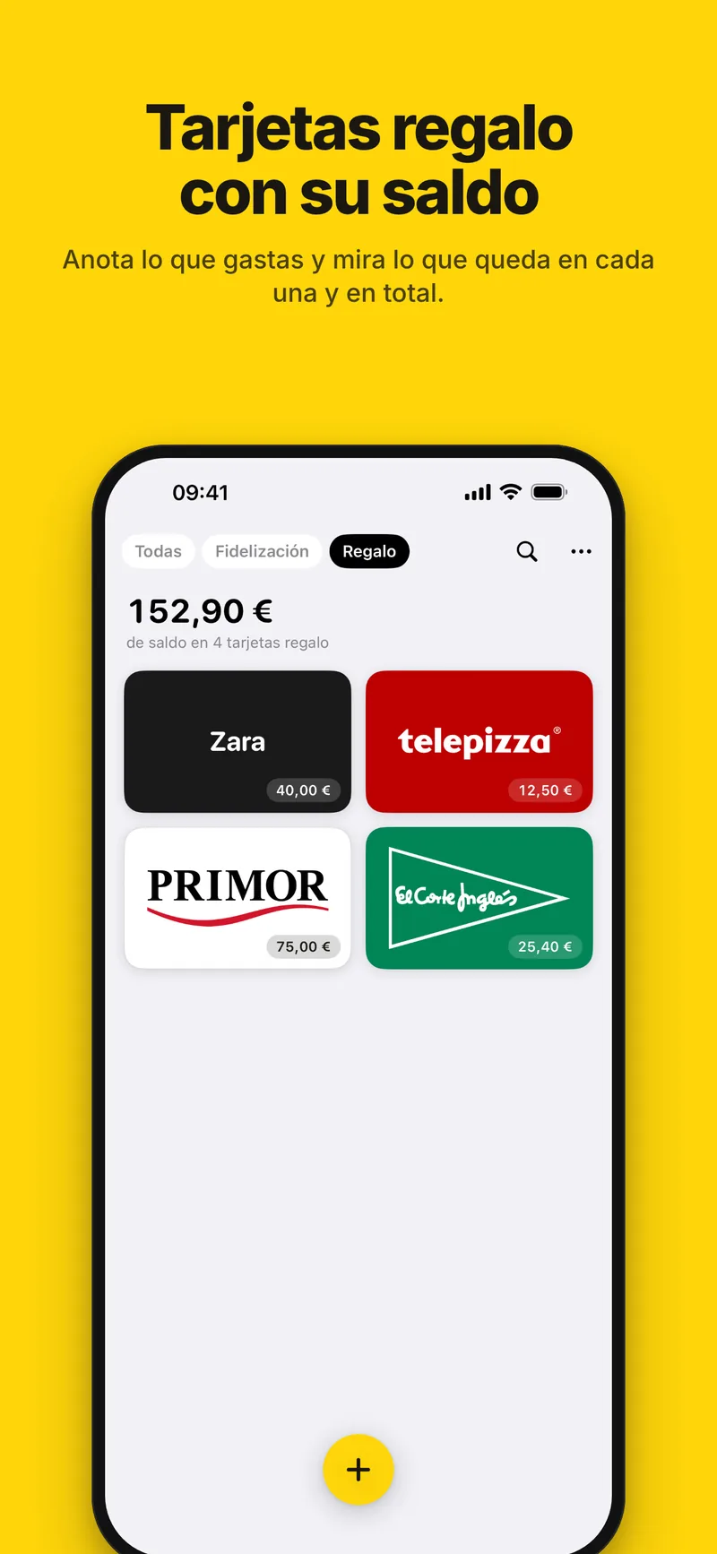 Tarjetas regalo con su saldo al día, en cada una y en total