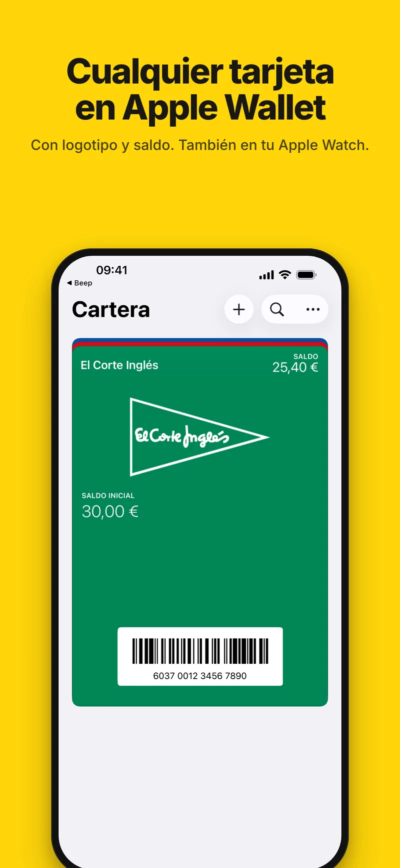 Cualquier tarjeta en Apple Wallet, con su logo y su saldo