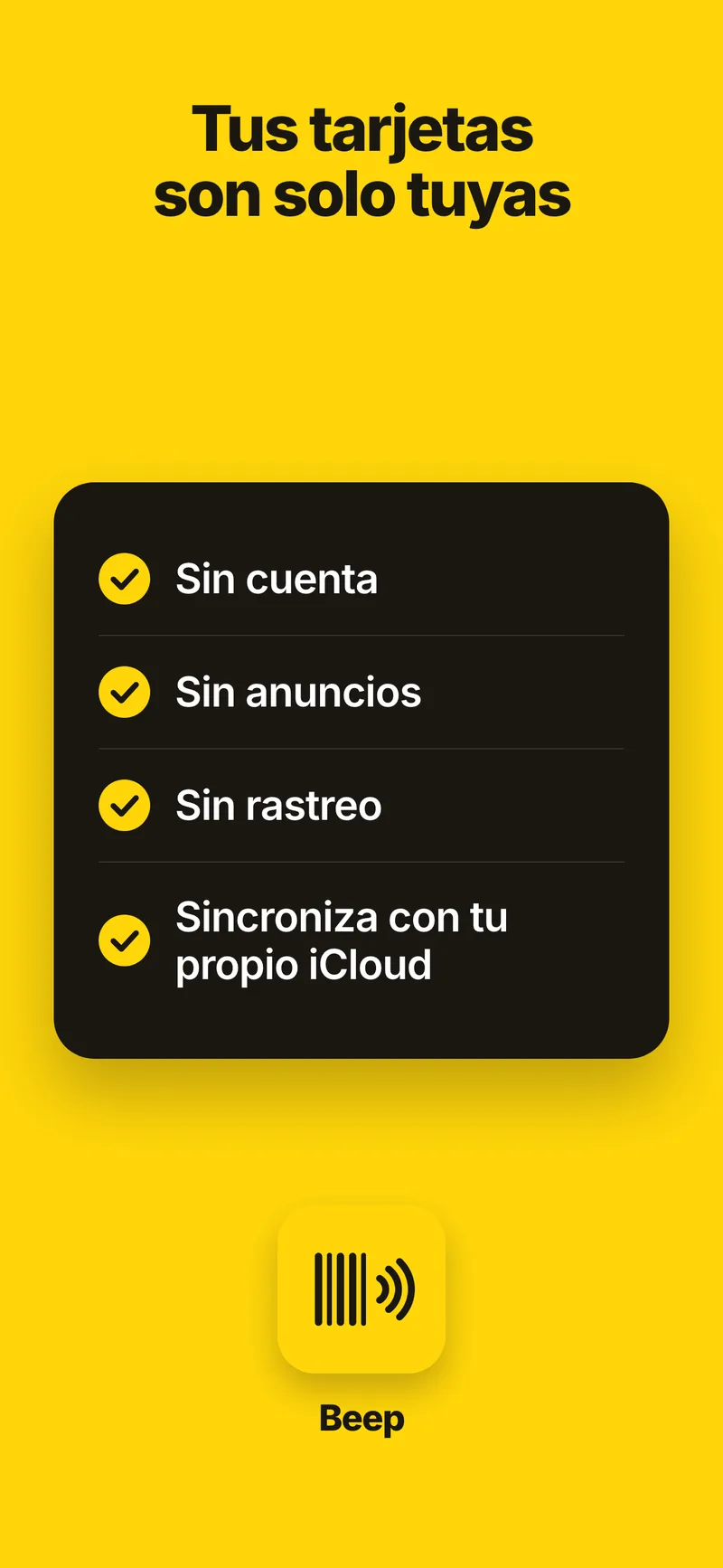 Tus tarjetas son tuyas: sin cuenta, sin anuncios, sin rastreo, sincronizadas con tu propio iCloud