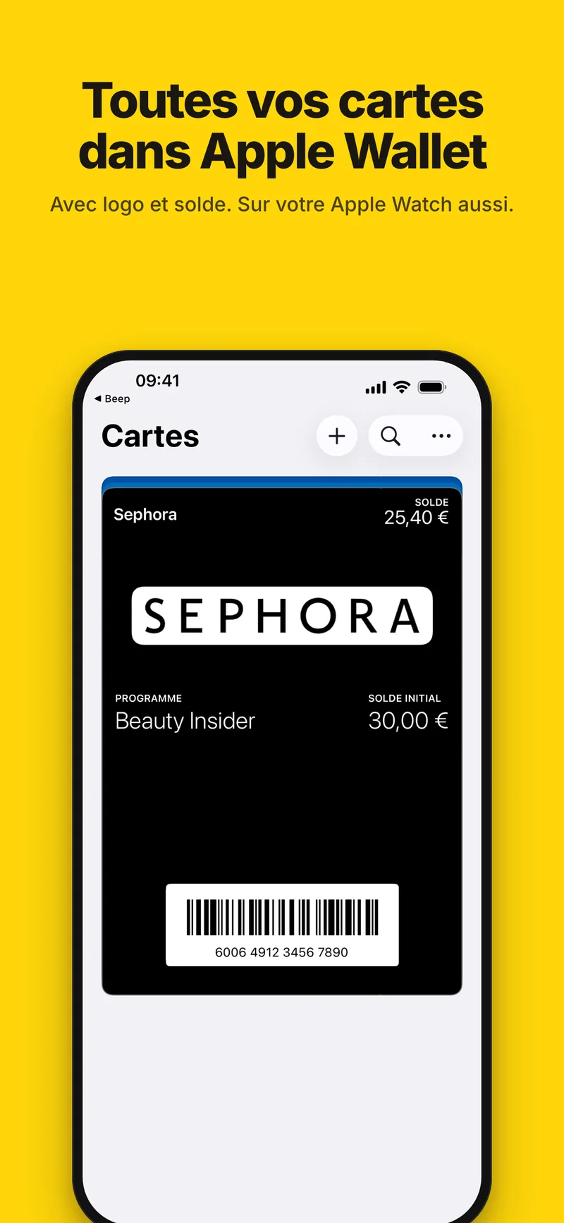 N’importe quelle carte dans Apple Wallet, avec son logo et son solde