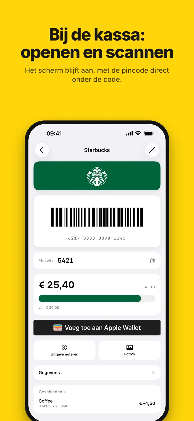 Bij de kassa: openen en scannen, met de pincode direct onder de code