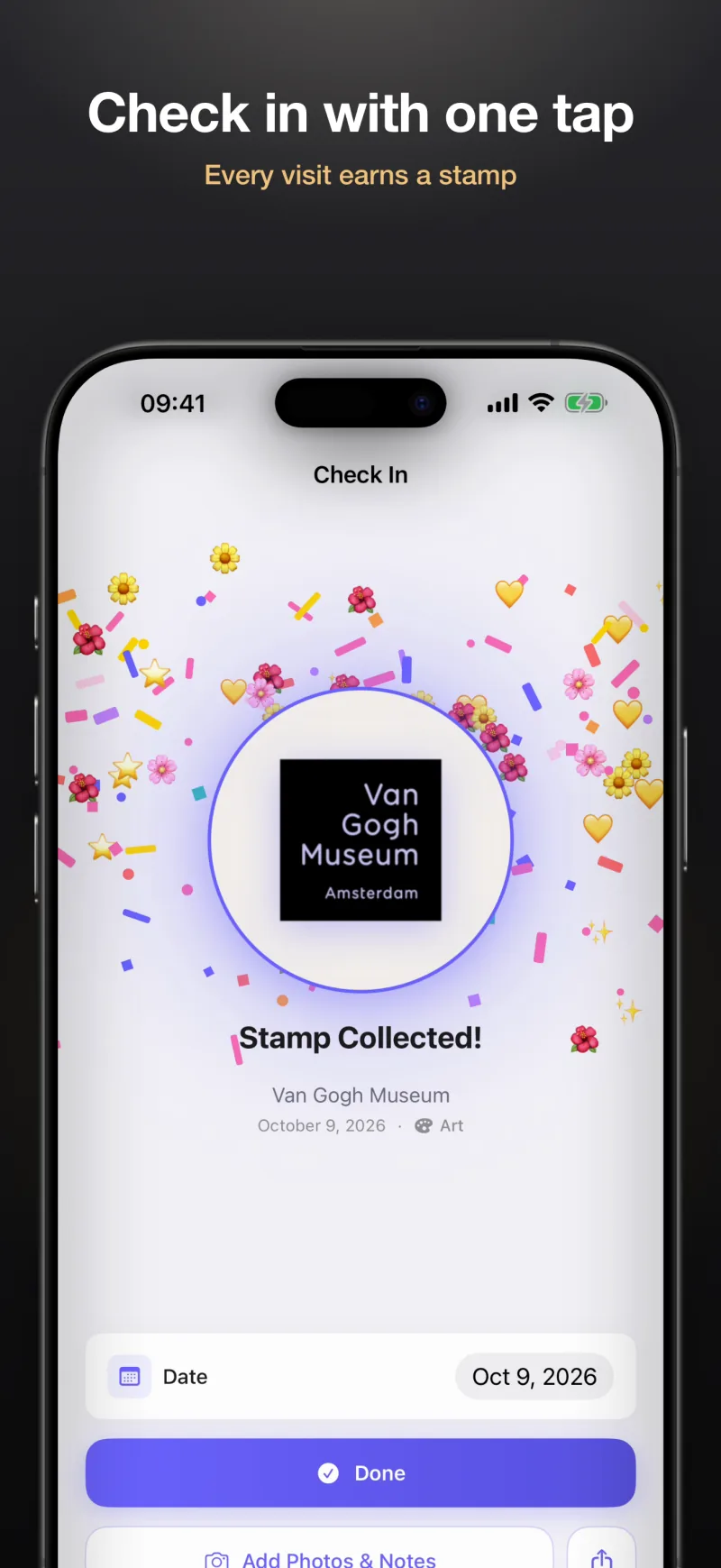 Check in at a museum with one tap; every visit earns a stamp