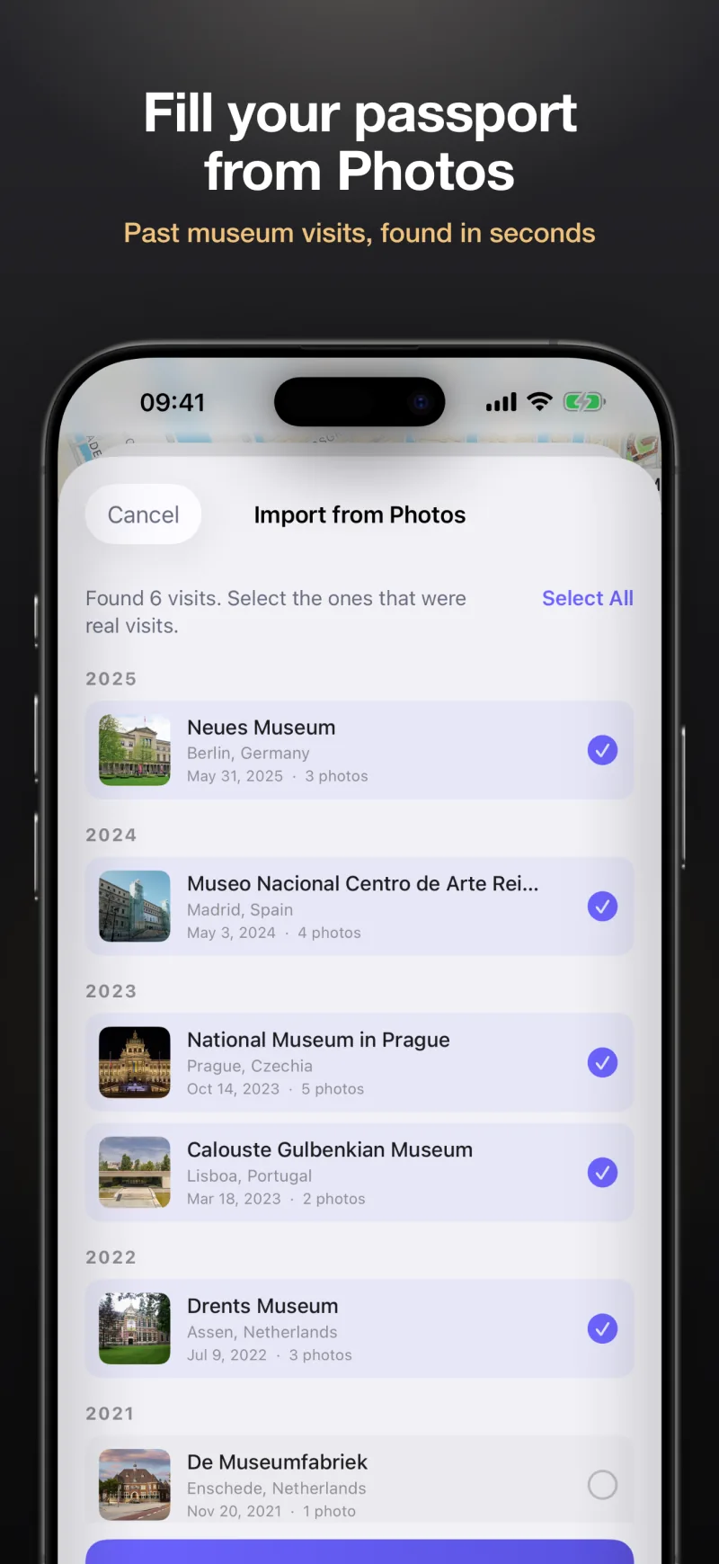 Import from Photos finds the museum visits you made before you had the app
