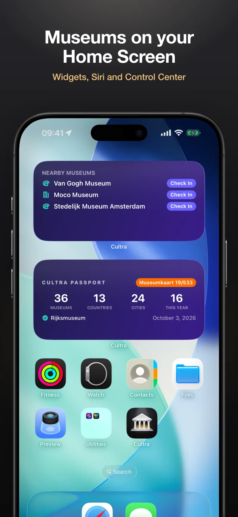Widgets for the nearest museums and your passport, right on your Home Screen