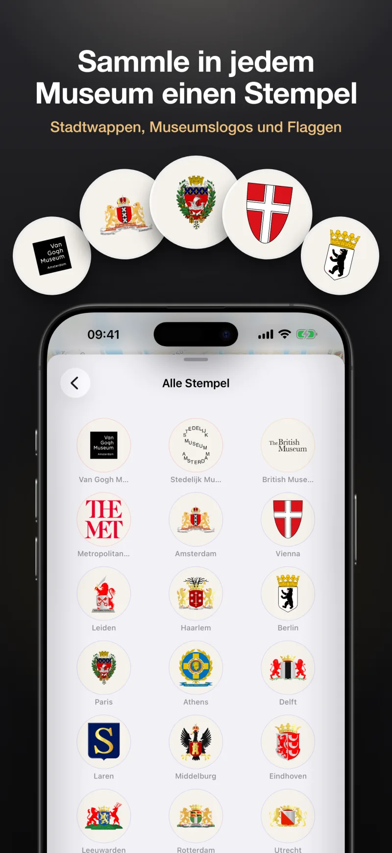 Ein Pass voller Stempel – Stadtwappen, Museumslogos und Flaggen, einer für jedes Museum