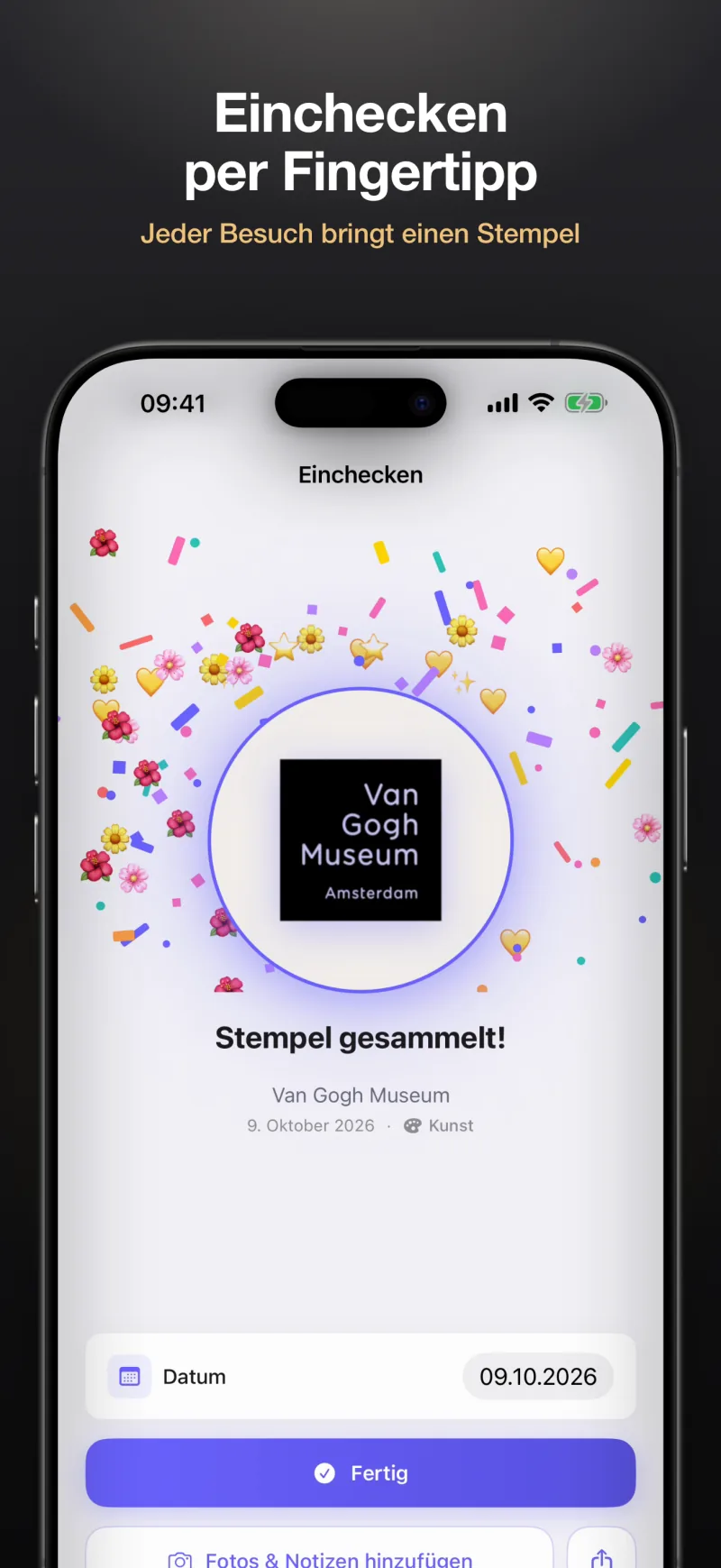 Checke mit einem Tippen im Museum ein – jeder Besuch bringt einen Stempel