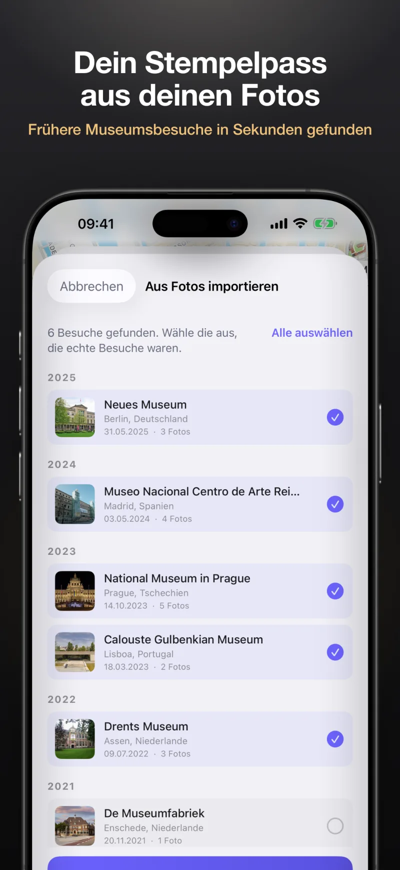„Aus Fotos importieren“ findet Museumsbesuche aus der Zeit vor der App