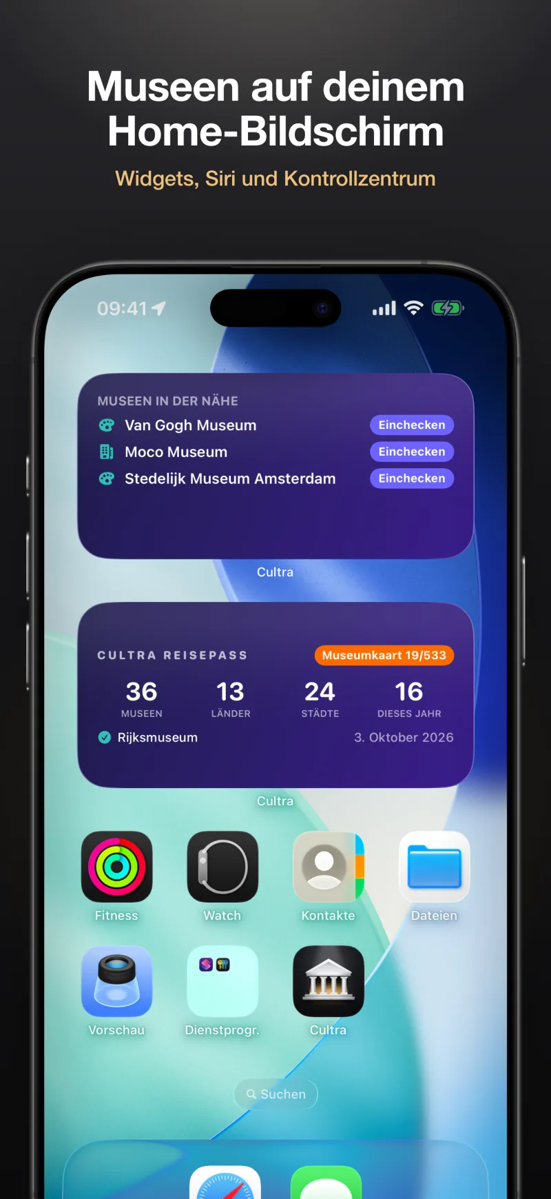 Widgets für die nächsten Museen und deinen Pass, direkt auf dem Home-Bildschirm