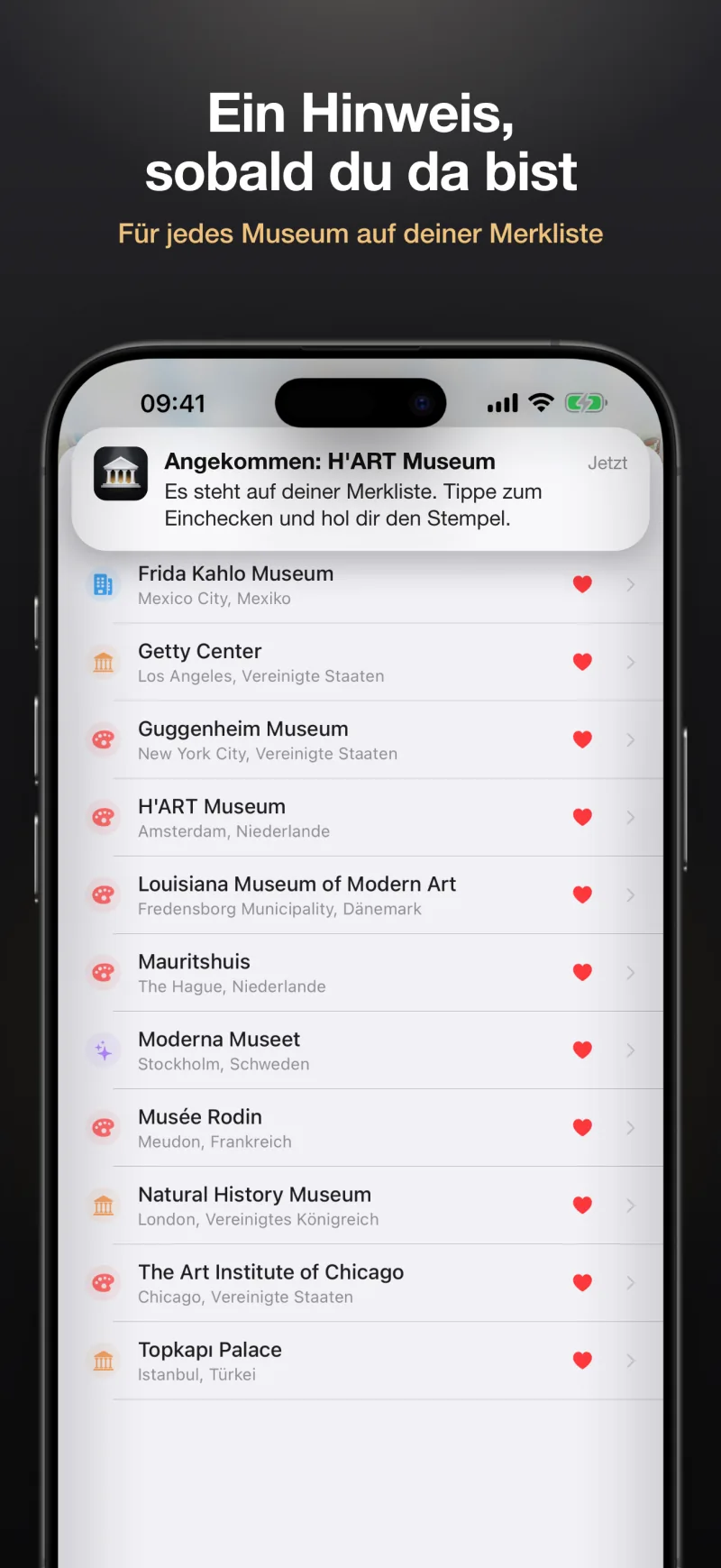 Ein Hinweis, sobald du bei einem Museum auf deiner Merkliste bist