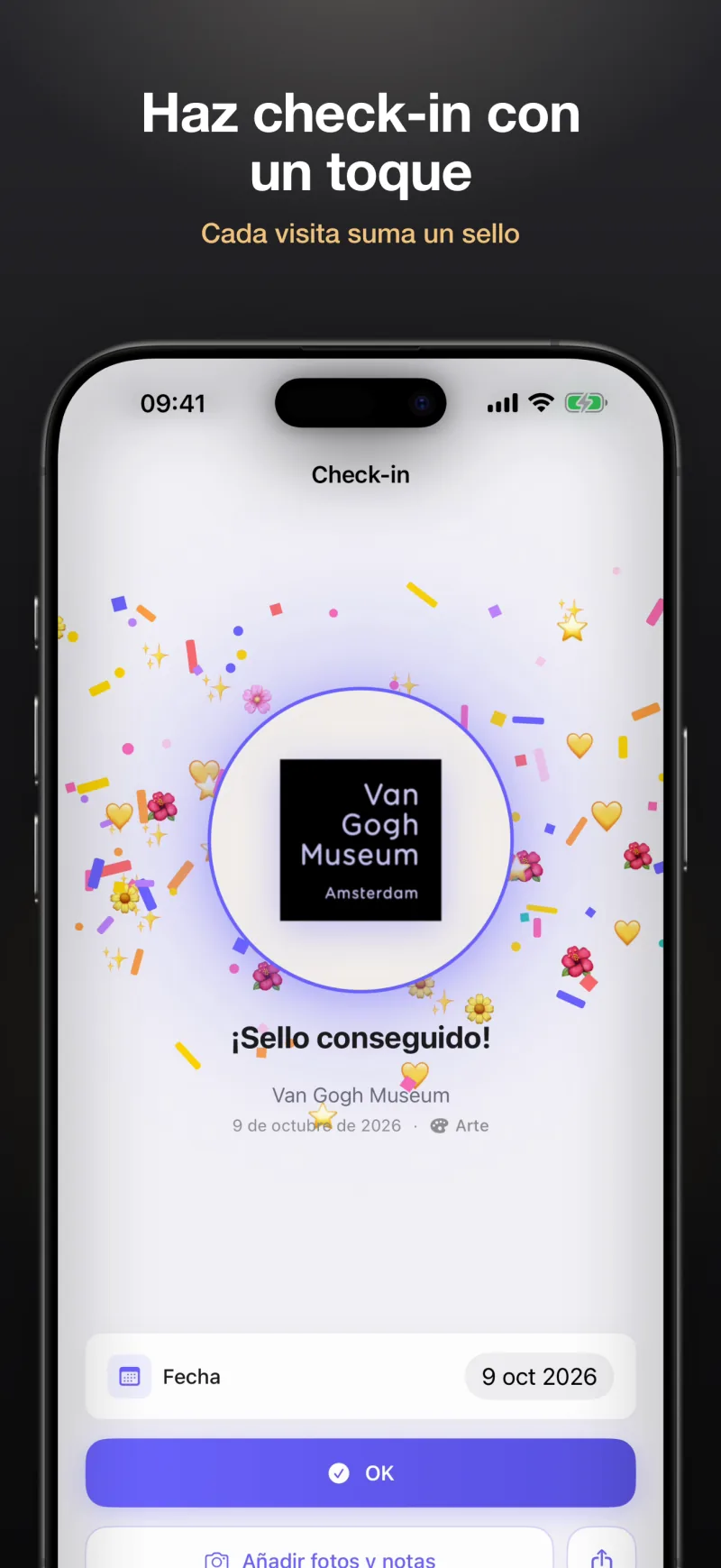 Haz check-in en un museo con un toque; cada visita suma un sello