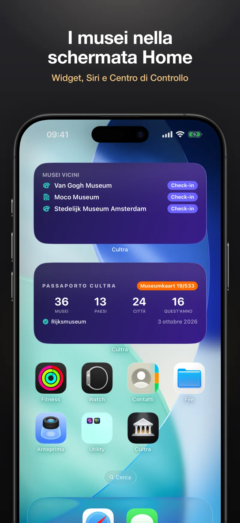 Widget con i musei più vicini e il tuo passaporto, nella schermata Home