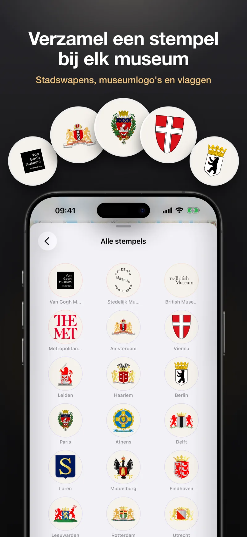 Verzamel een stempel bij elk museum – stadswapens, museumlogo's en vlaggen