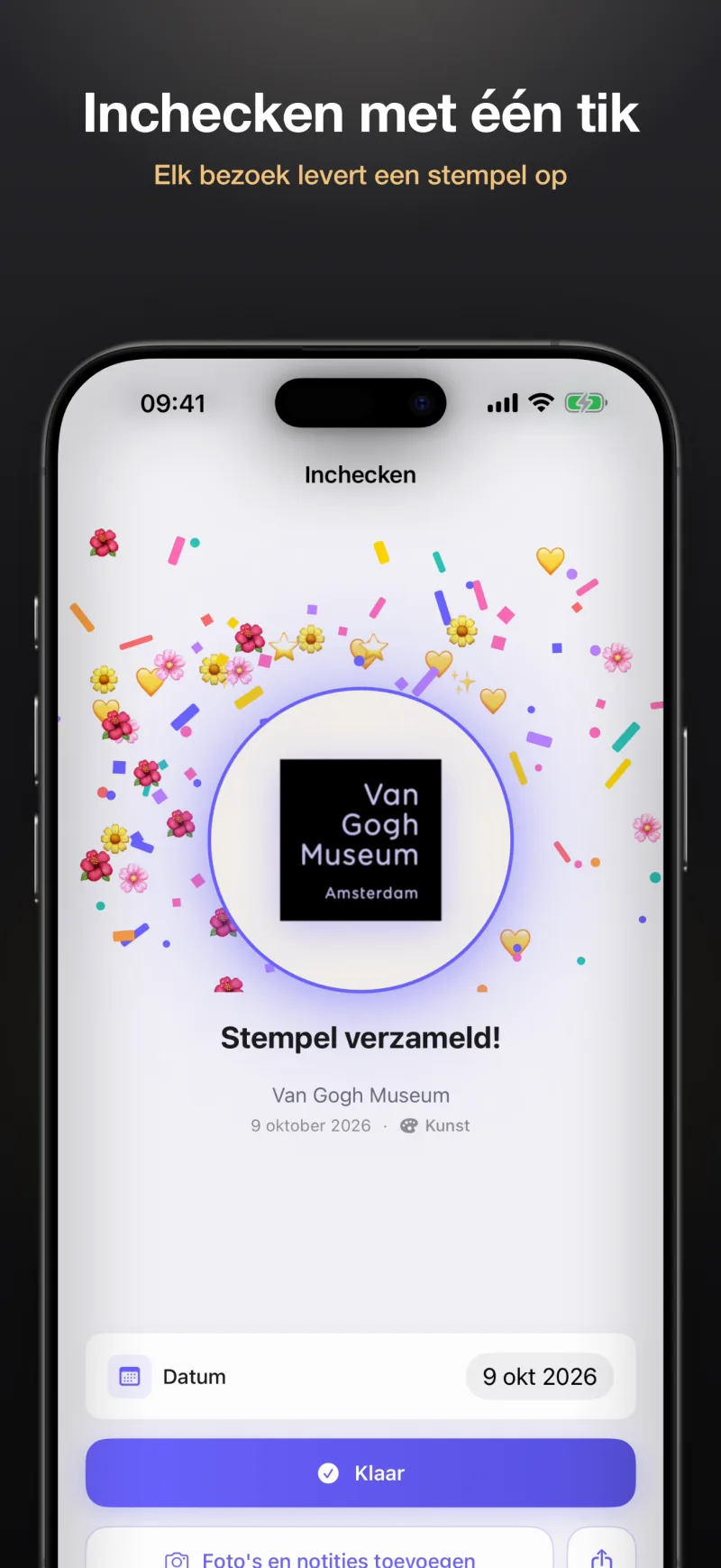 Check in met één tik; elk bezoek levert een stempel op