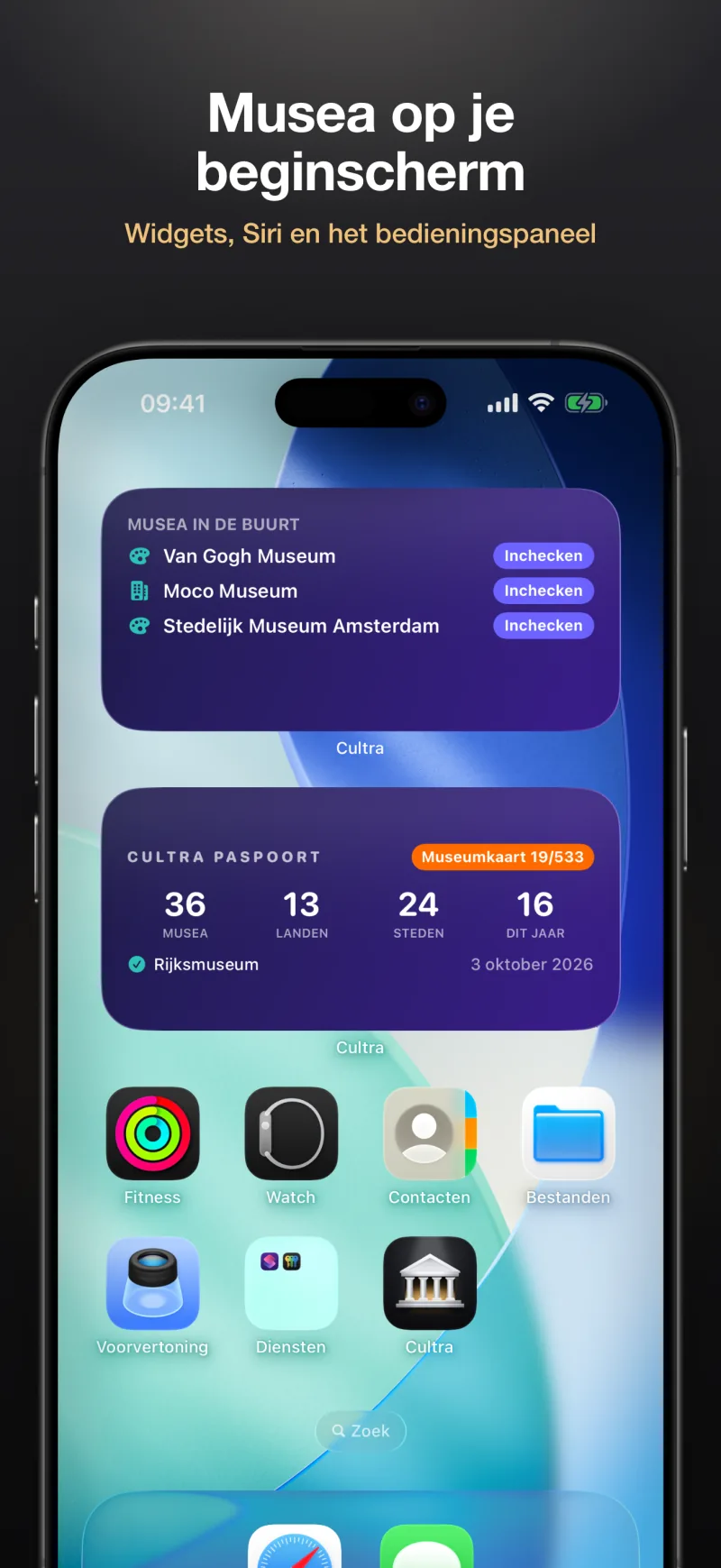 Widgets voor de dichtstbijzijnde musea en je paspoort, op je beginscherm