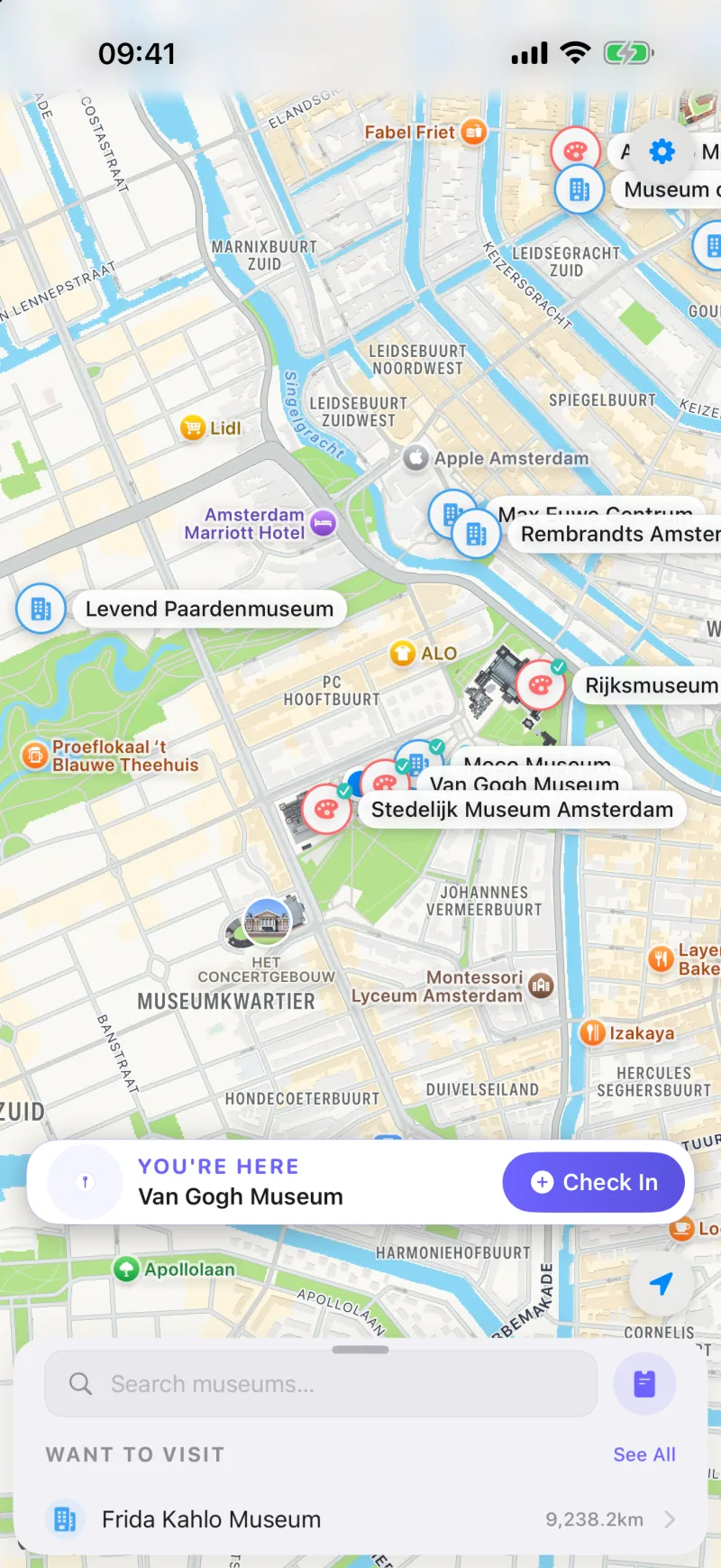 Museums near you on Cultra's map, with a one-tap check-in