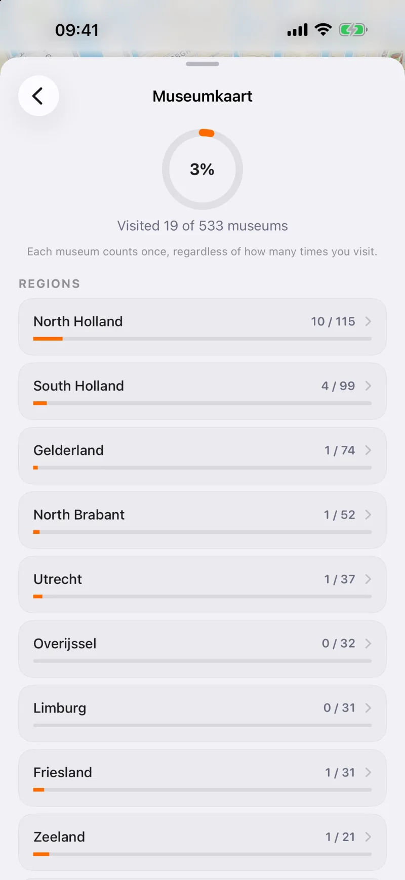 The Museumkaart collection in Cultra, with your progress per province