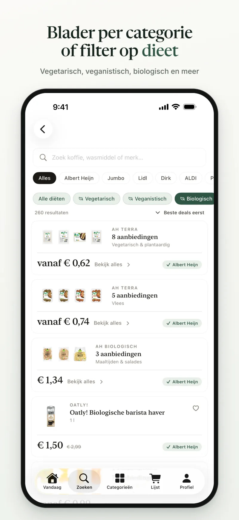 Blader per categorie of filter op dieet
